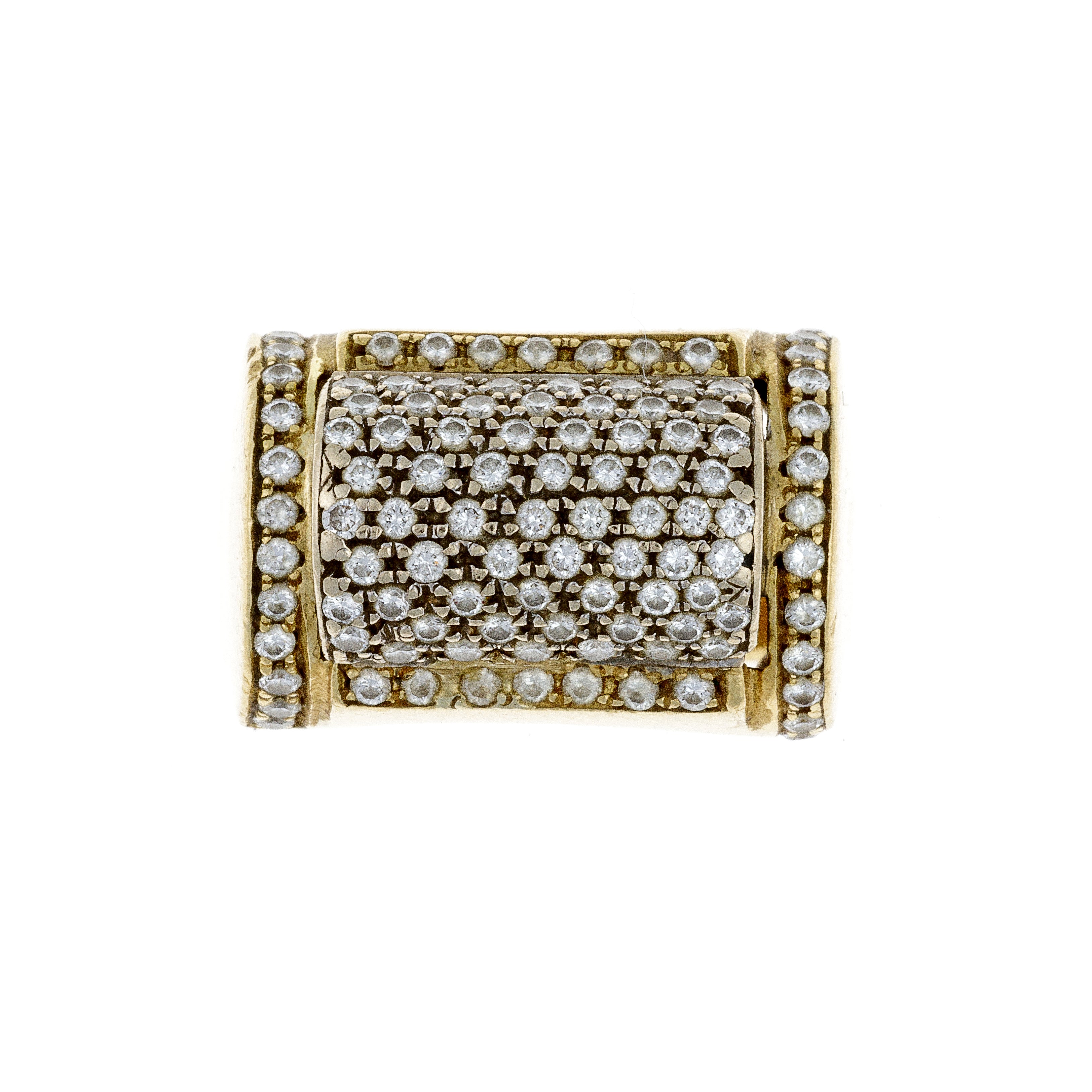 Top view of 18K gold ring showcasing rectangular tank design and full diamond grid.