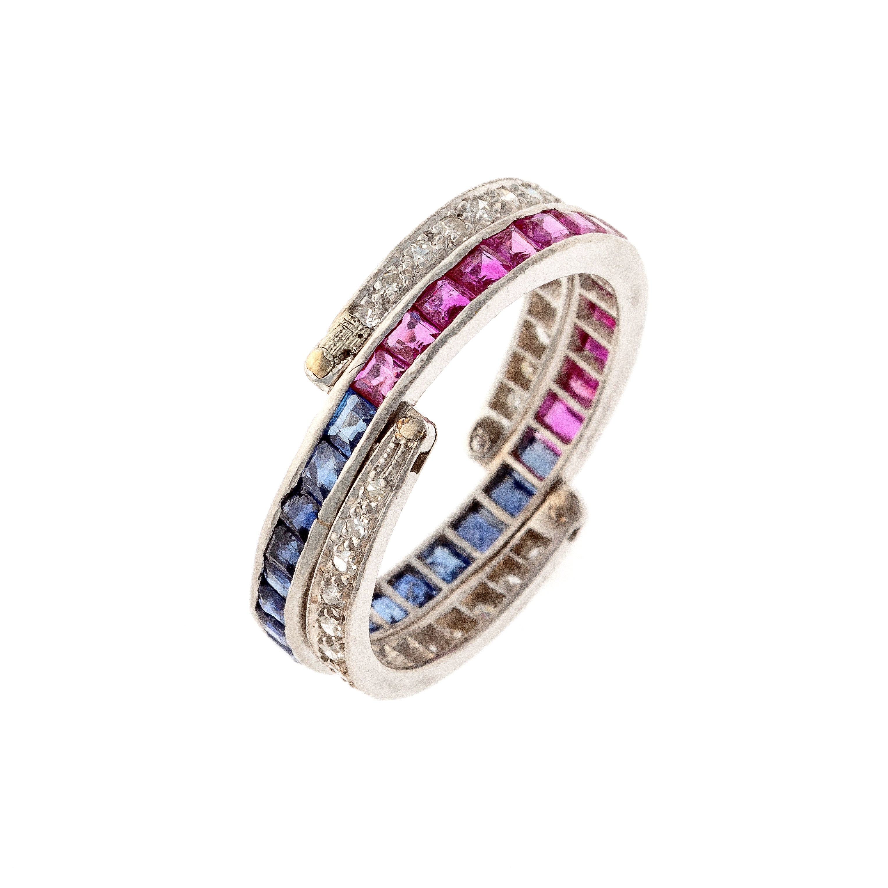 Art Deco platinum convertible double band ring with rubies, sapphires, and diamonds.