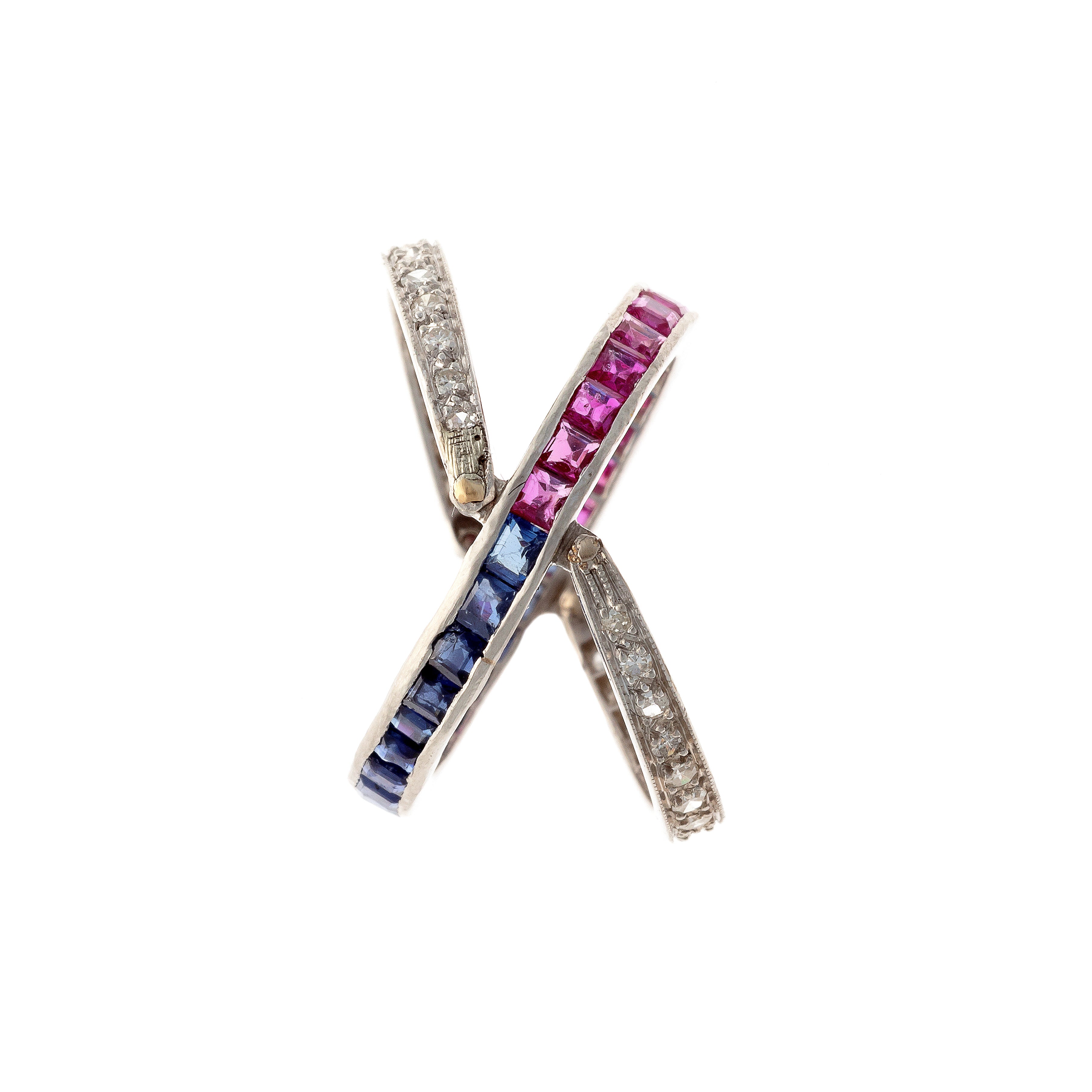 Side of the Art Deco platinum convertible double band ring with rubies, sapphires, and diamonds.