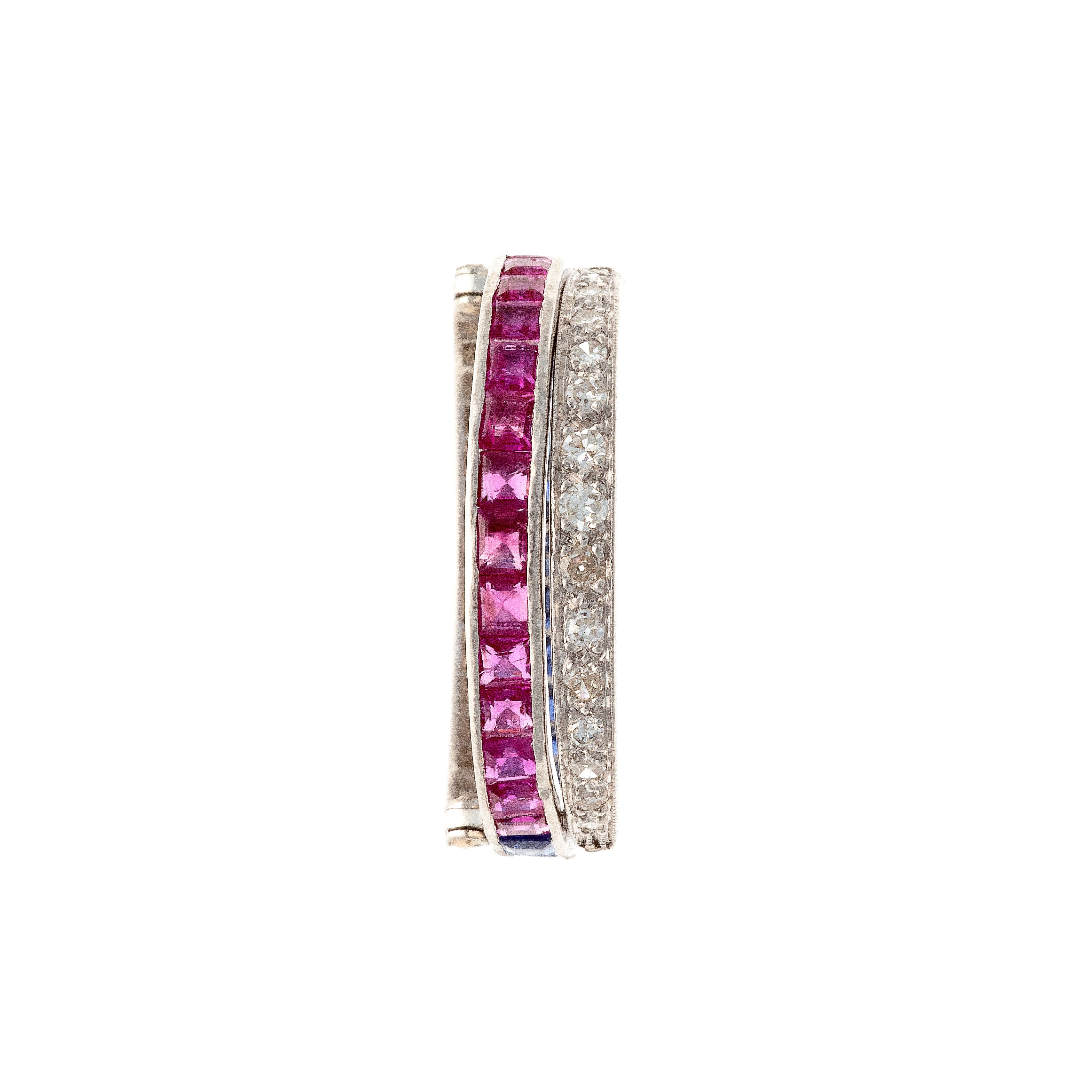 Top of the Art Deco platinum convertible double band ring with rubies, sapphires, and diamonds.