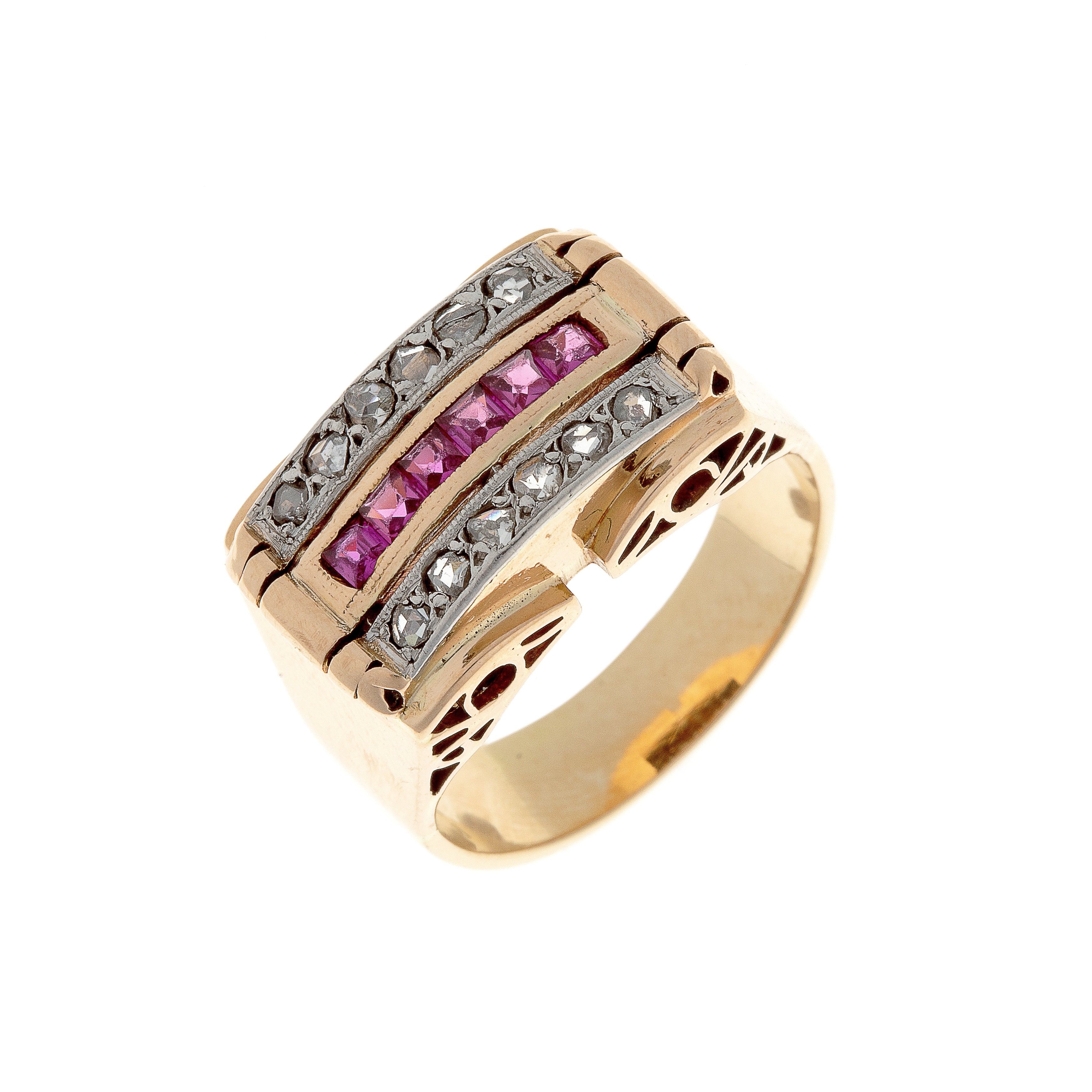 Gold cocktail ring featuring horizontal ruby centerpiece flanked by rose-cut diamonds.