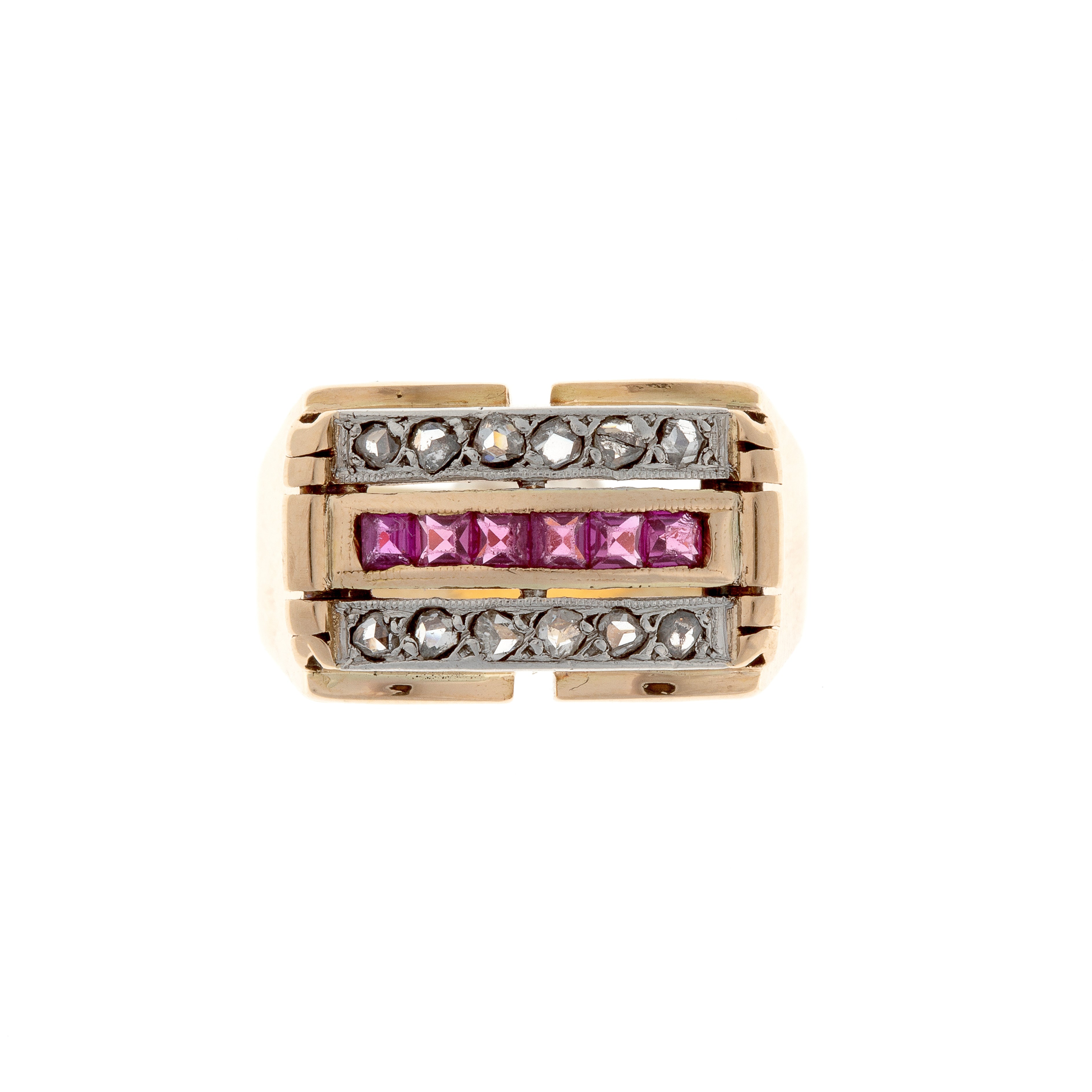Front view of French Art Deco revival 14K gold cocktail ring with ruby rows and rose-cut diamonds.