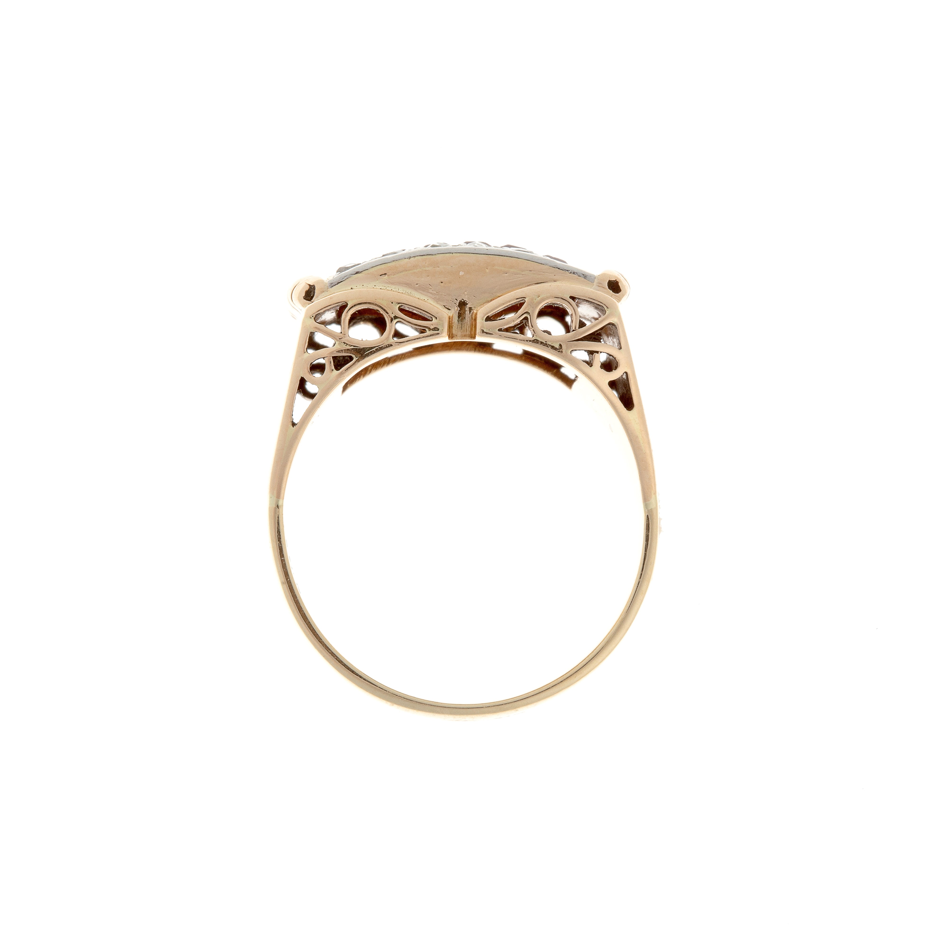Profile view of Art Deco-inspired French ring showing layered design in polished gold.