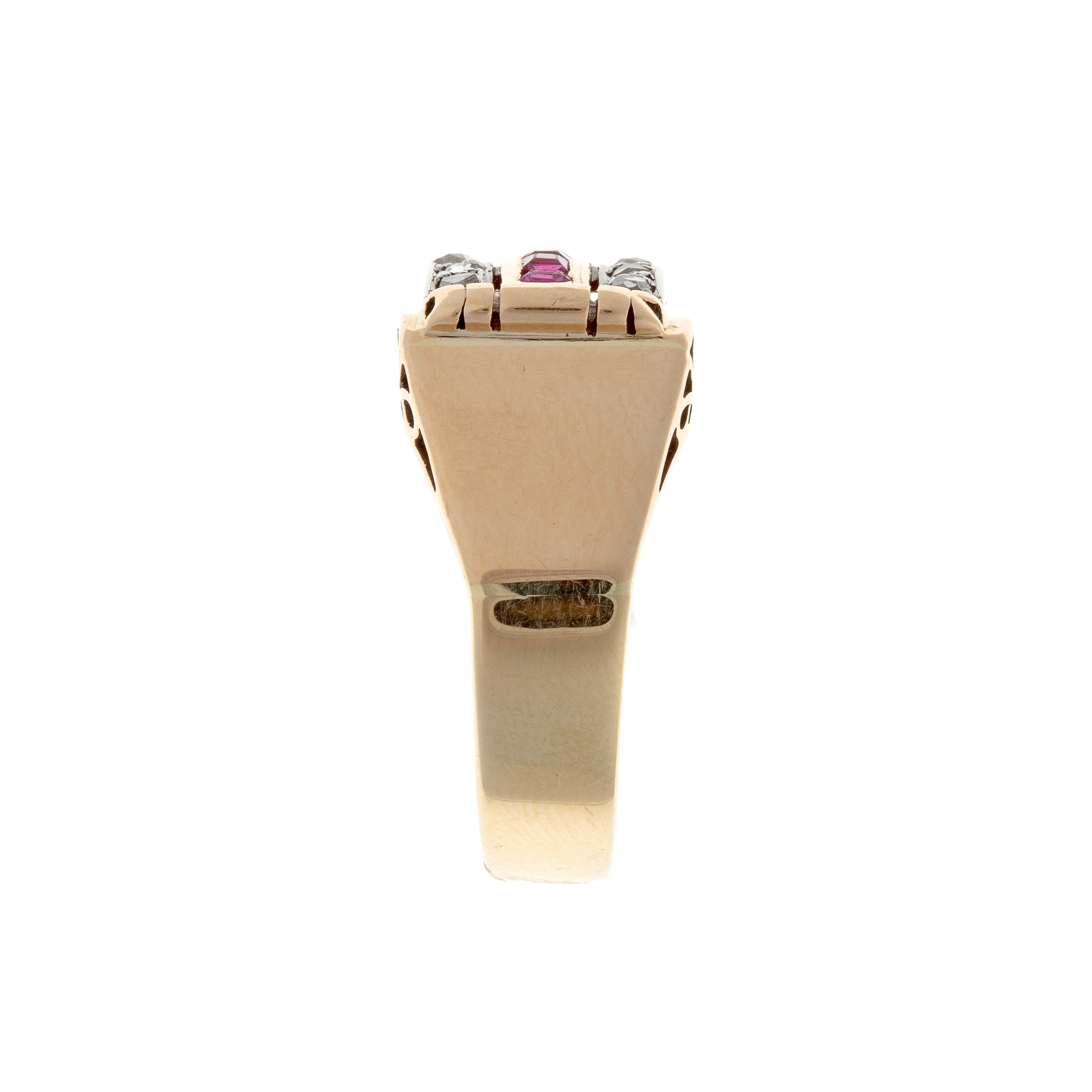 Side view of 14K gold ring with symmetrical Art Deco-inspired ruby and diamond setting.