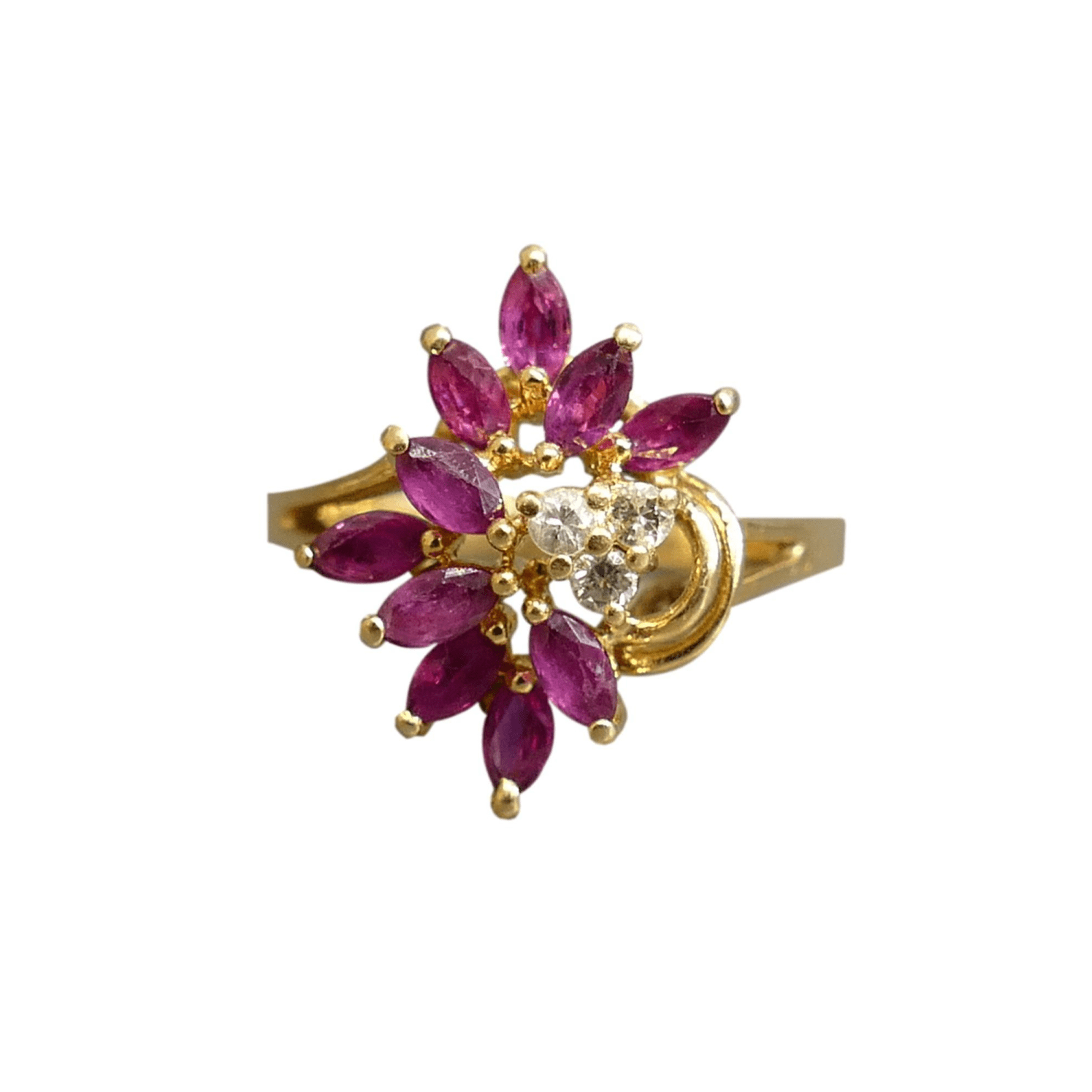 Asymmetrical Ruby & Diamond Gold Ring featuring marquise-cut rubies and diamonds in a French 18k gold setting