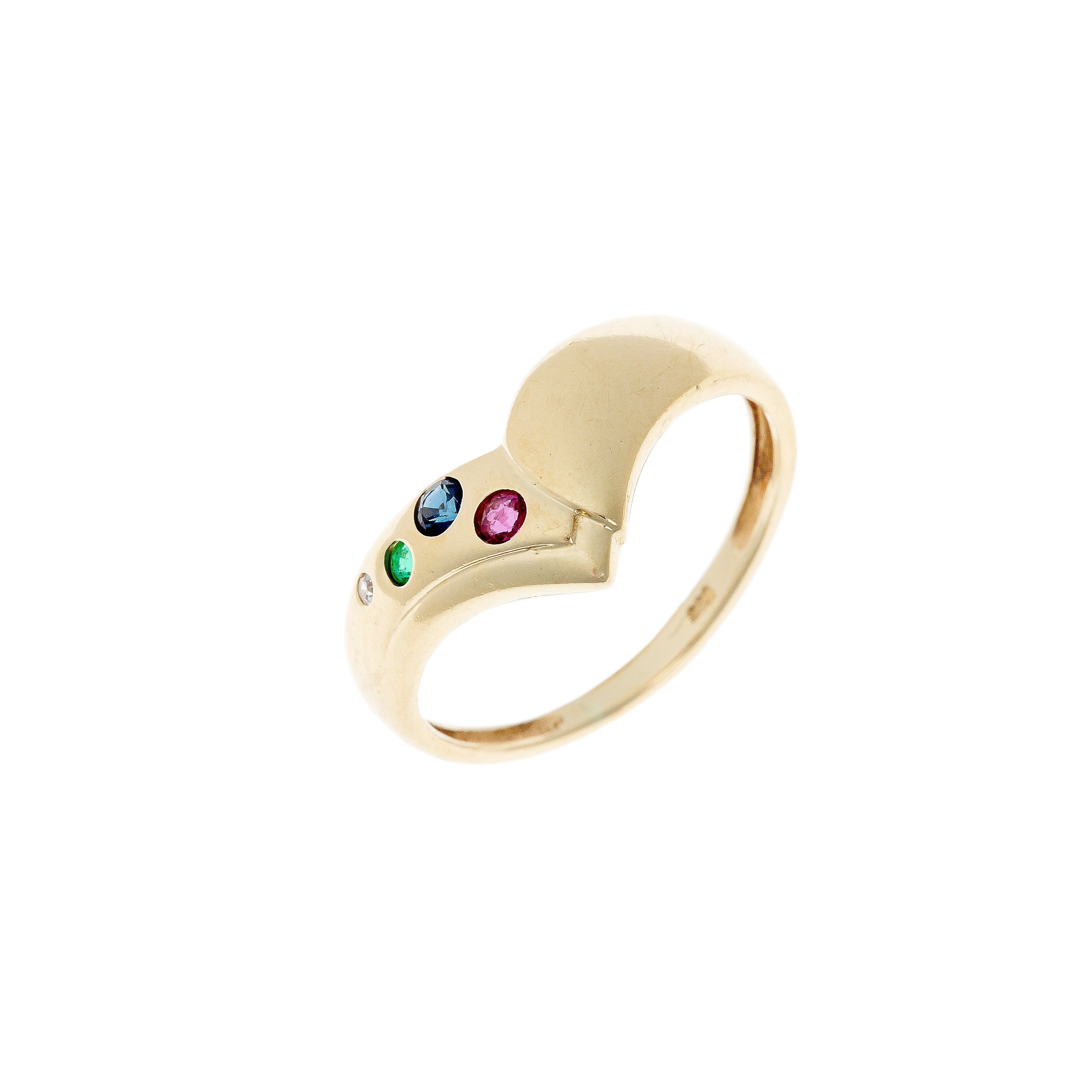 Angled view of an avant-garde gold ring with ruby, sapphire, emerald, and diamond, featuring a sculptural asymmetrical design.