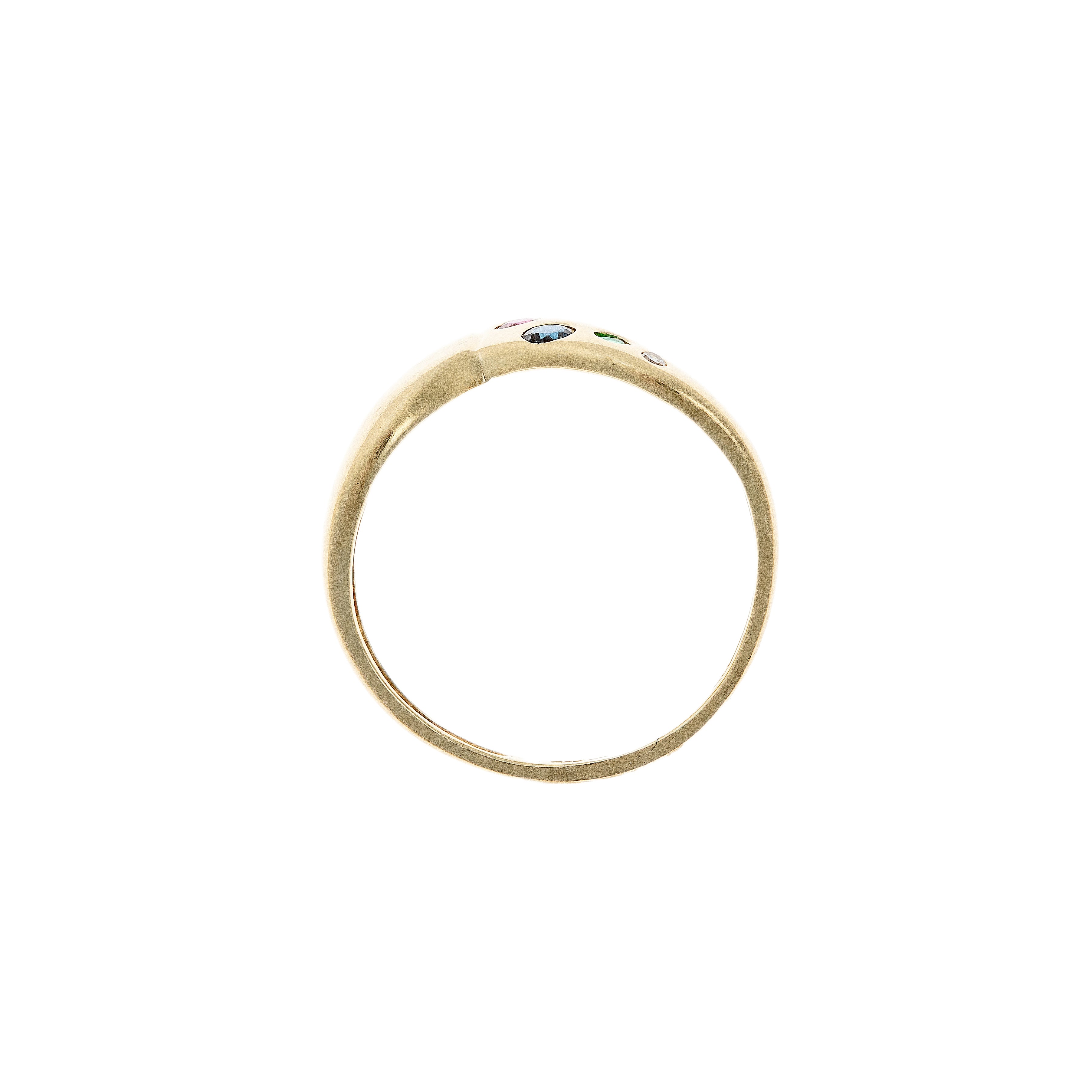 Profile view of a sculptural German avant-garde gold ring with sleek, high-polish design.