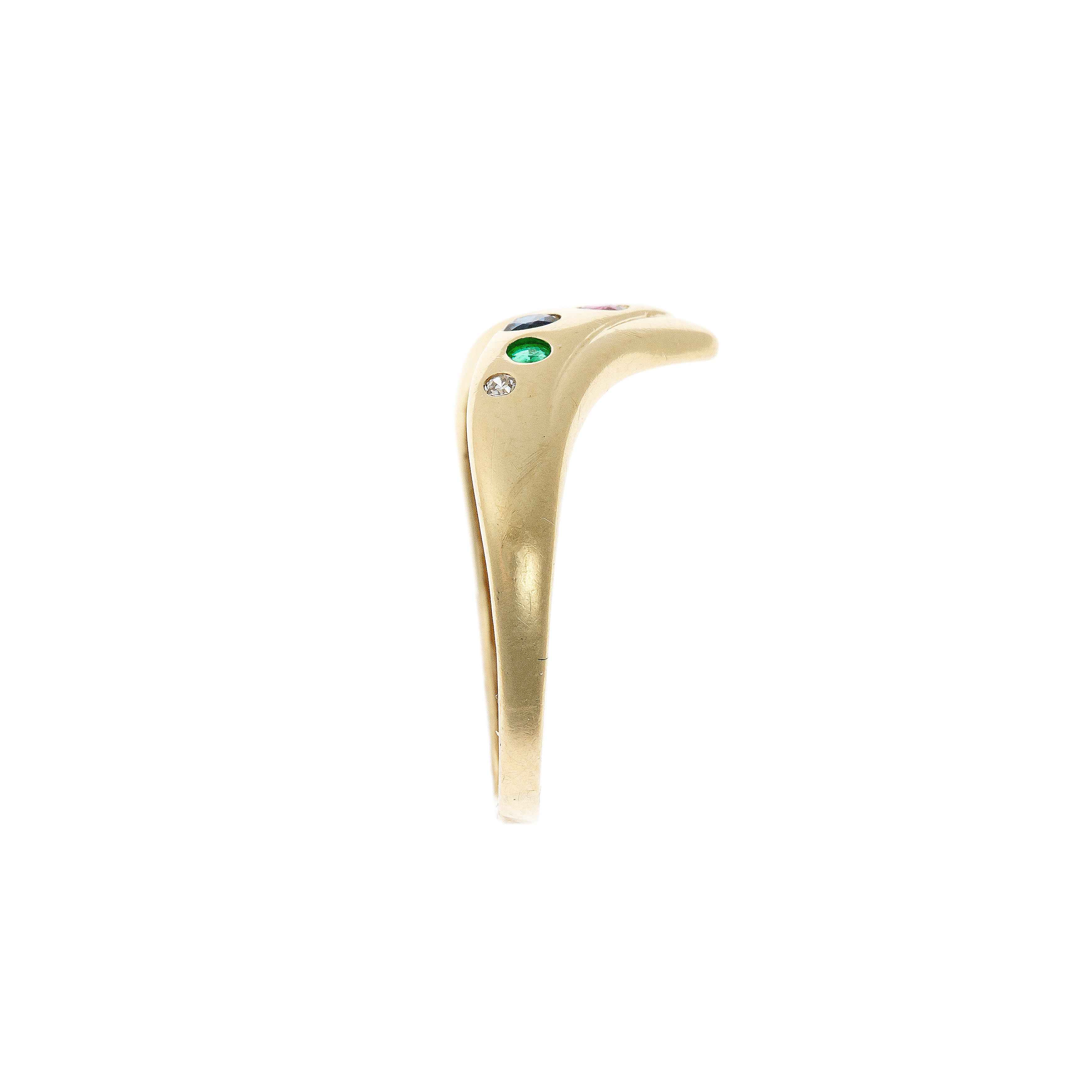 Side view of a minimalist gold ring with modernist architecture and a striking gemstone lineup.