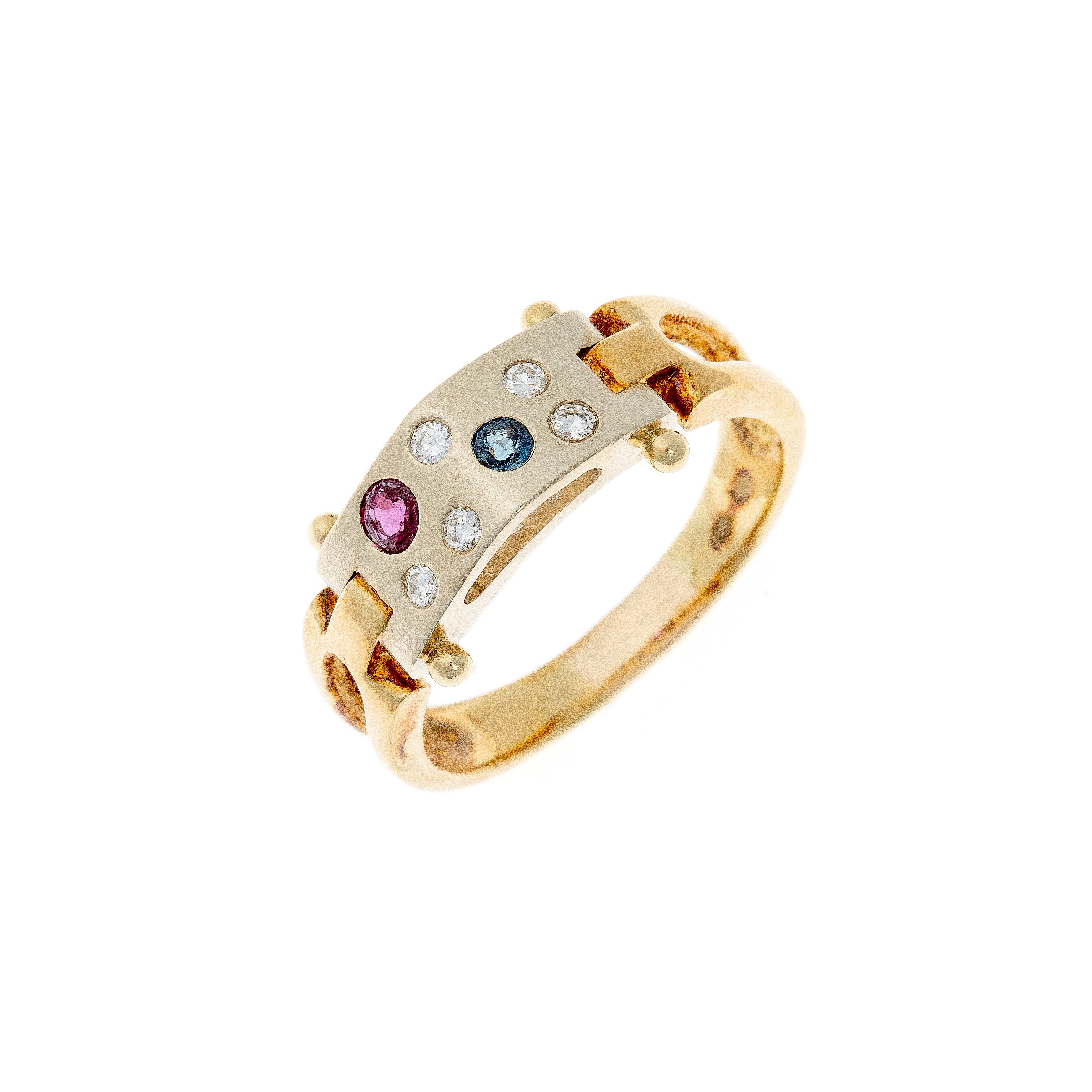Angled view of a German Avant-Garde gold ring with diamonds, sapphire, and ruby, displaying its sculptural design.