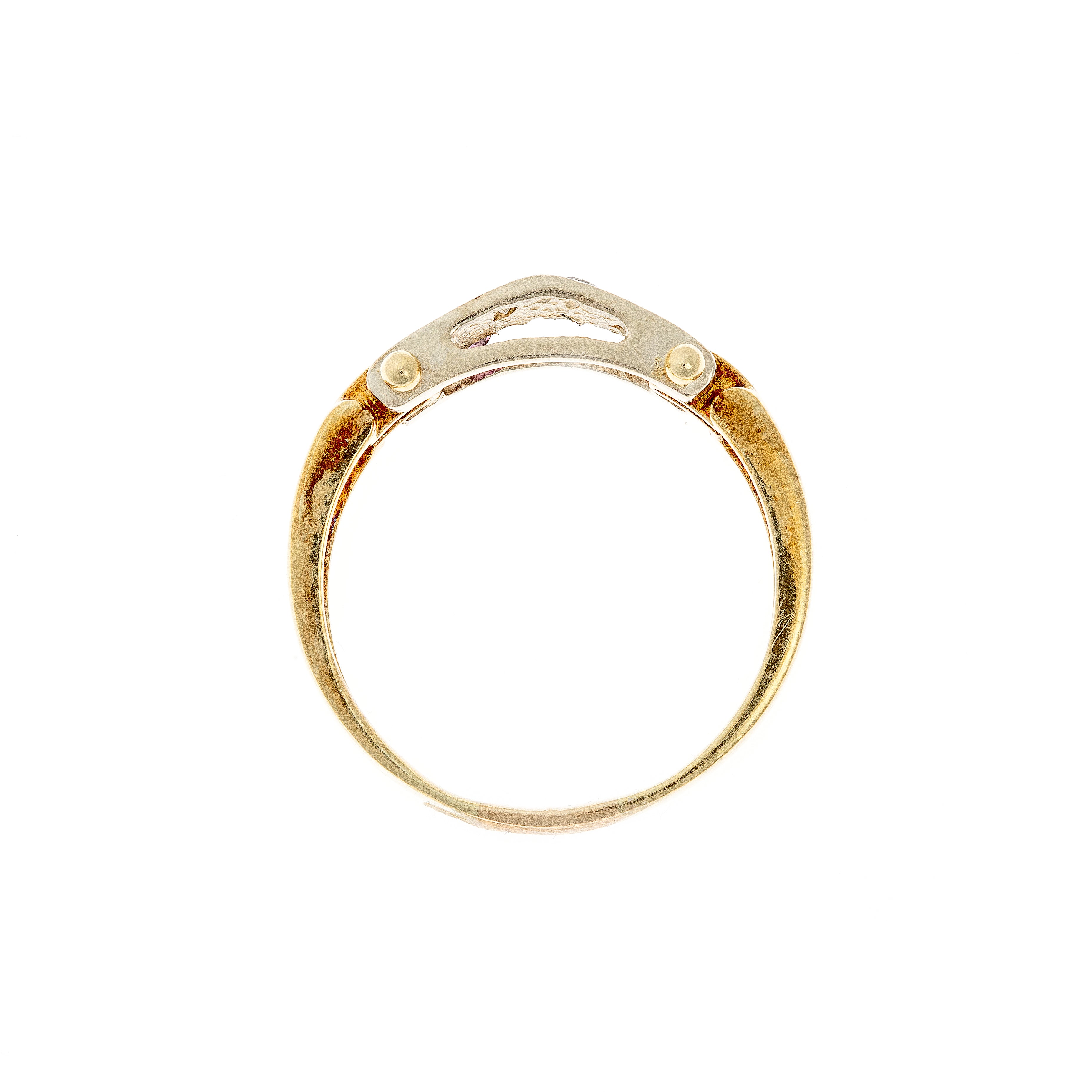 Profile of the Avant-Garde two-tone gold ring with diamonds, sapphire, and ruby, featuring a brushed white gold panel and riveted yellow gold design.