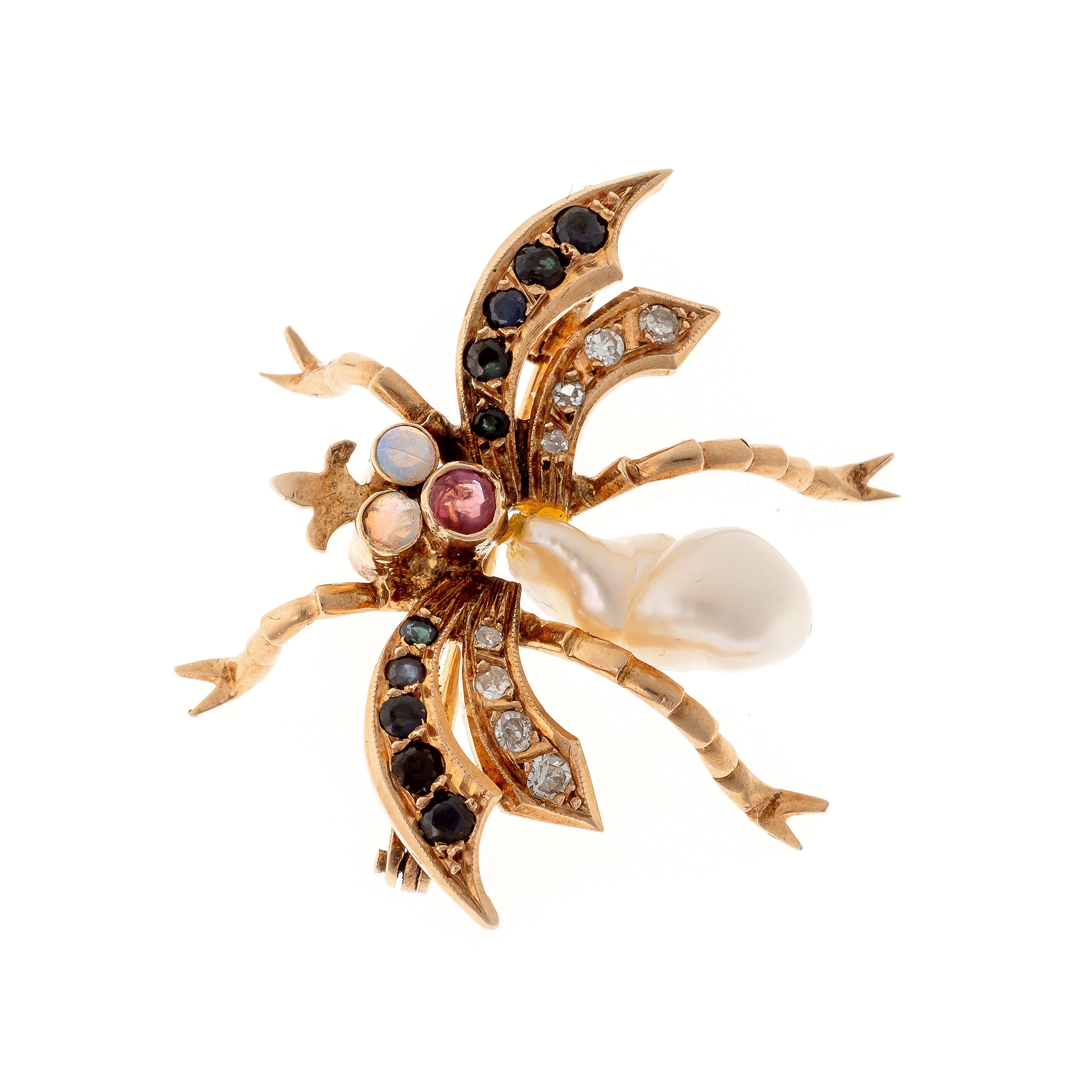 Angled view of the Belle Époque gold pearl and gemstone insect brooch.