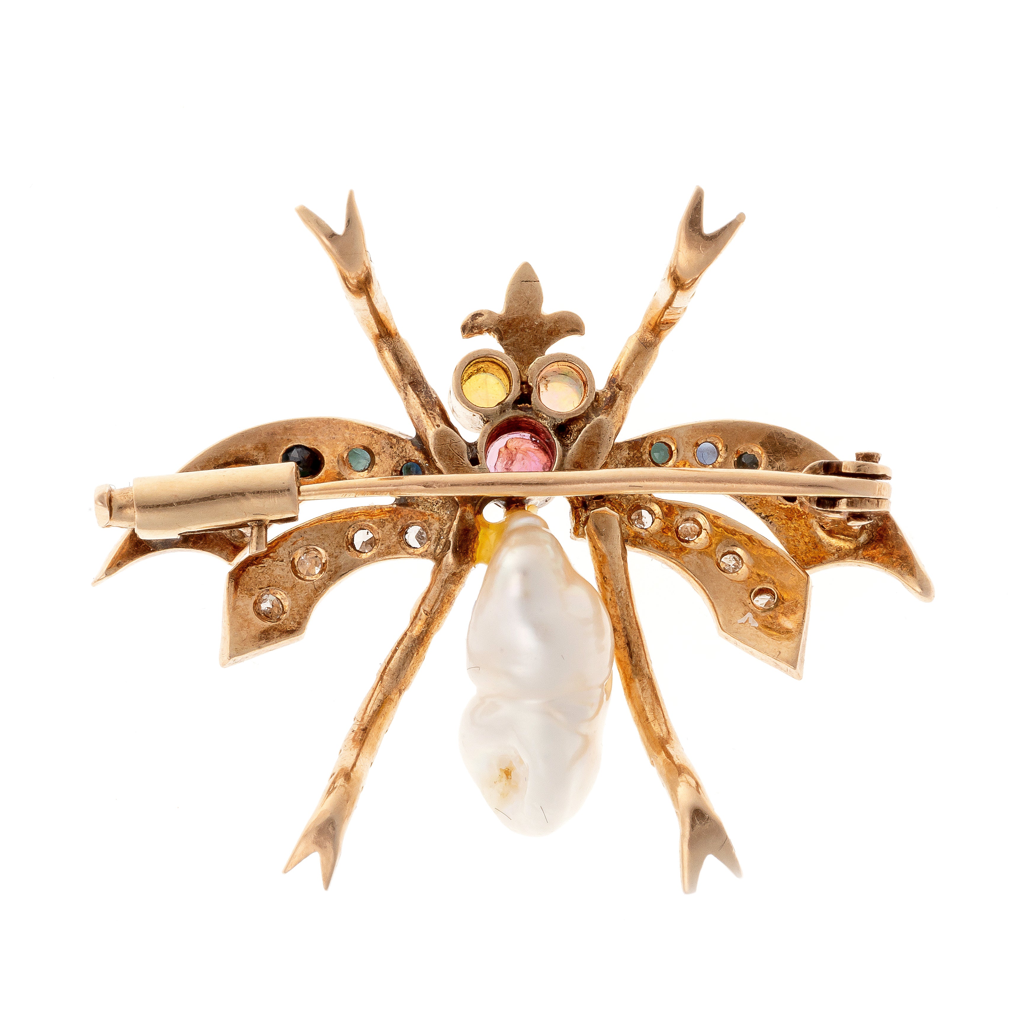 Back of the Belle Époque gold pearl and gemstone insect brooch.