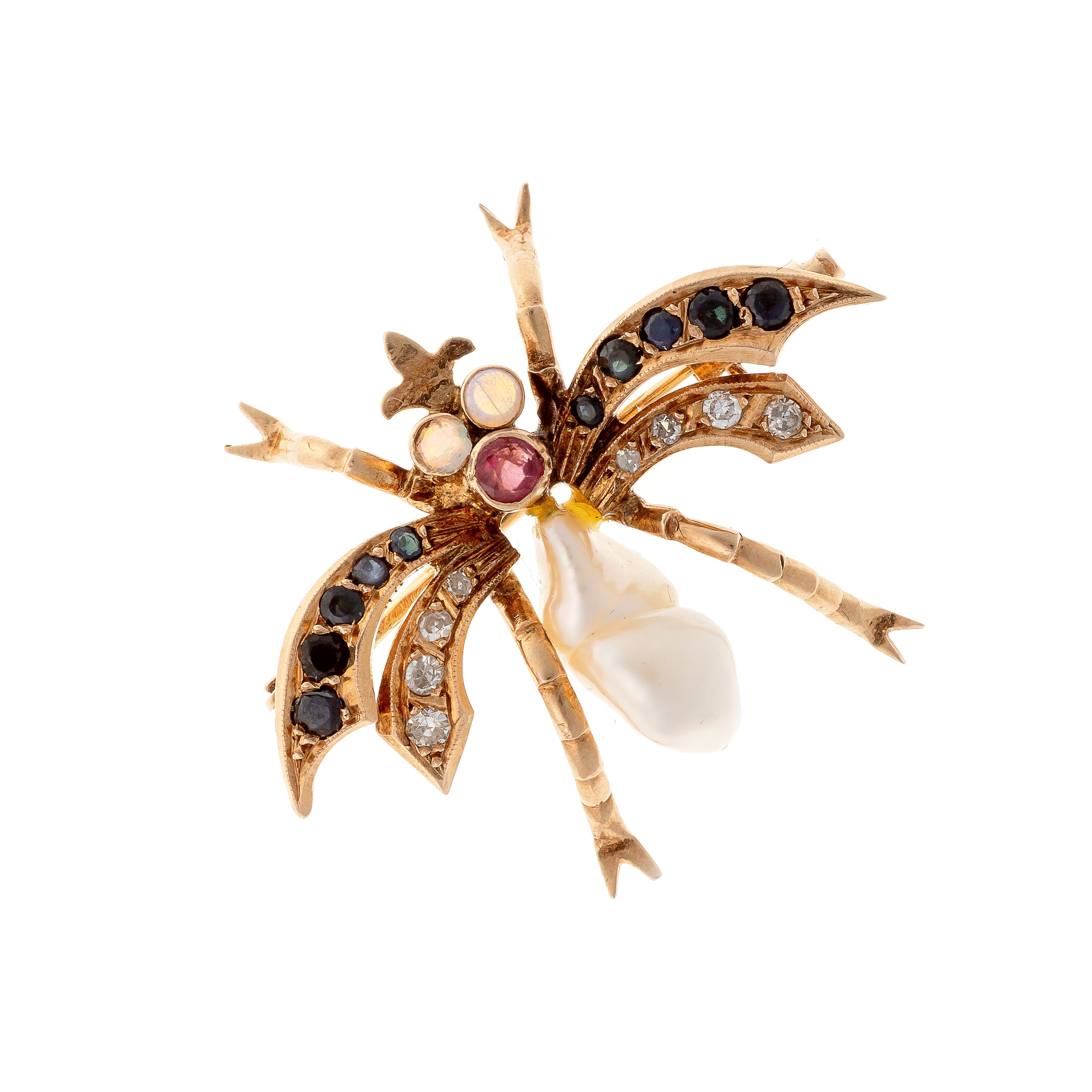 Belle Époque gold pearl and gemstone insect brooch with diamonds, opals, ruby and sapphires.