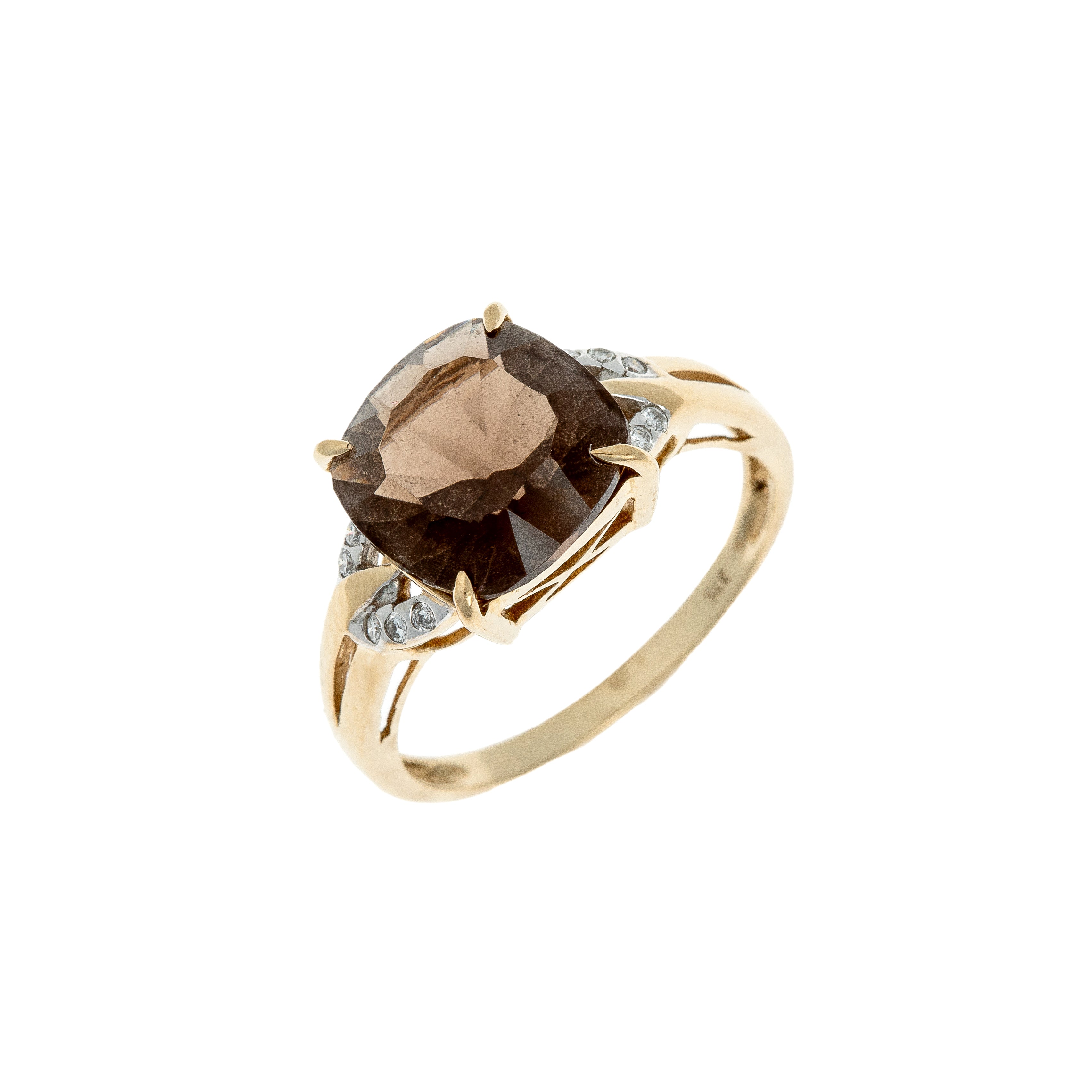Angled view of a 9k gold cocktail ring showcasing a Brazilian smoky quartz center stone and diamond accents.