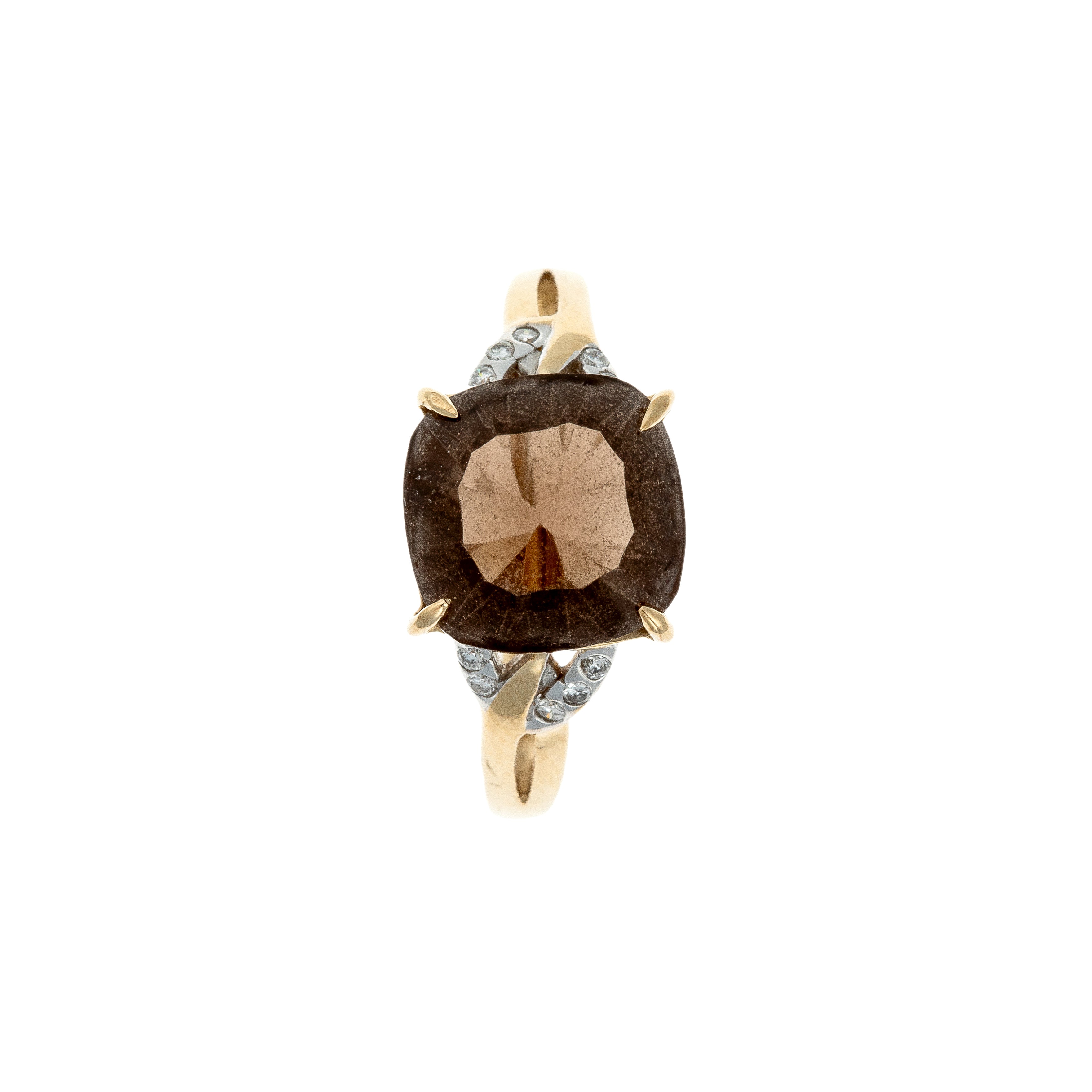 Top-down perspective revealing the cushion-cut smoky quartz surrounded by ten brilliant diamonds.