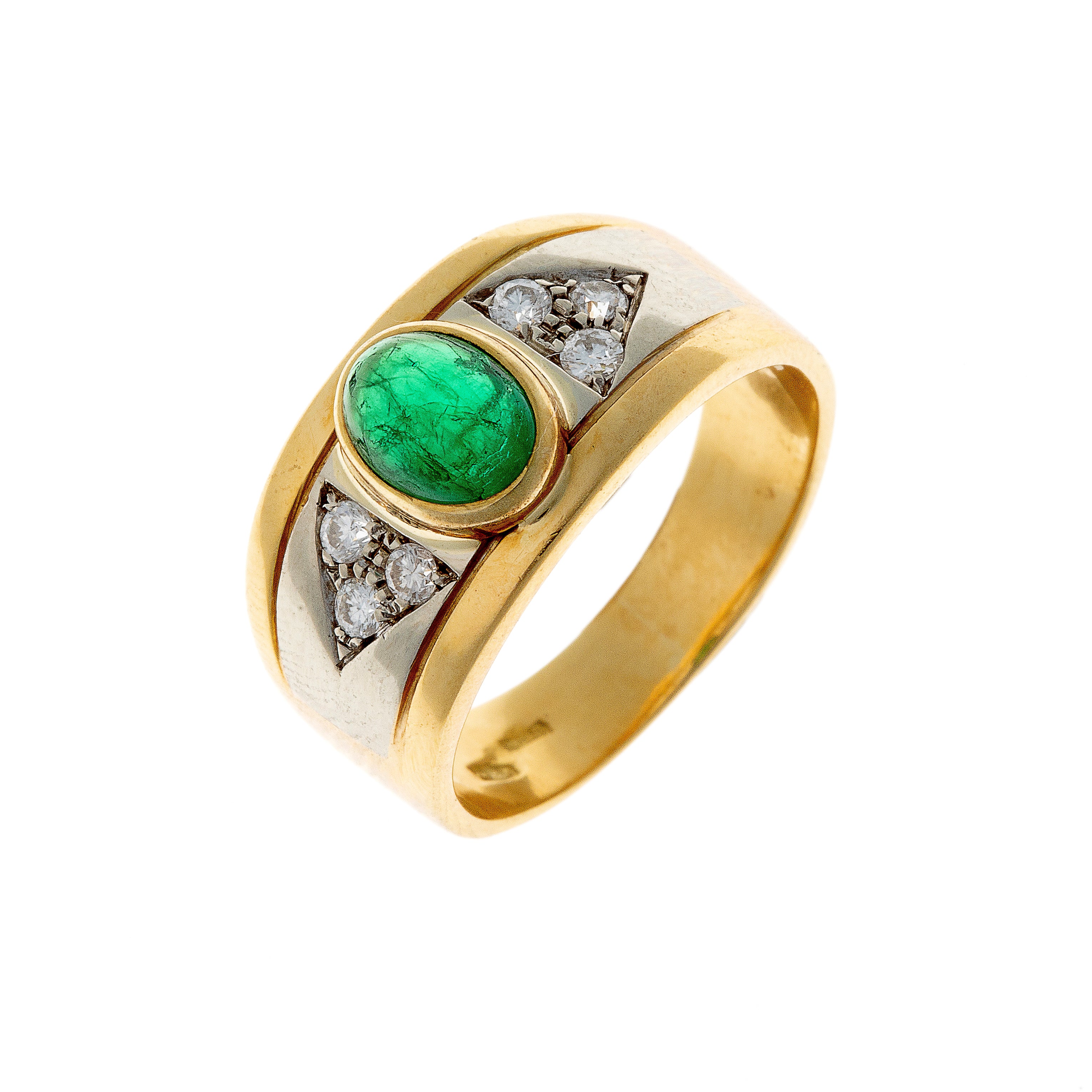 Cabochon Emerald & Diamond Gold Ring with polished white and yellow gold setting
