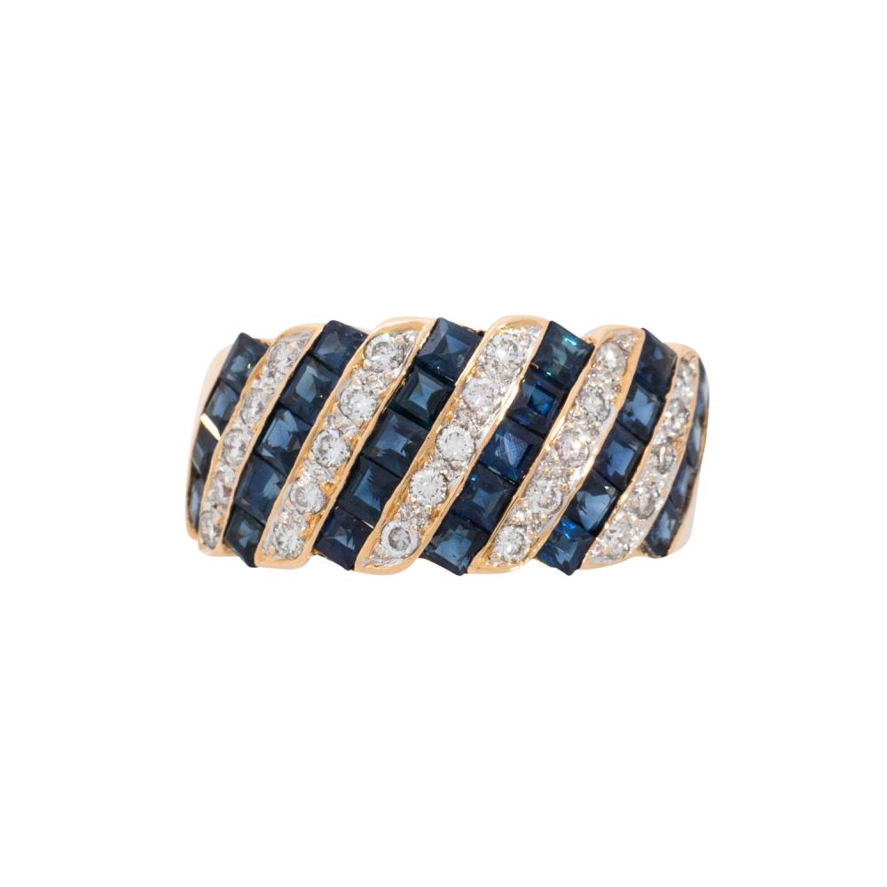 Carré-Cut Sapphire & Diamond Gold Ring with bold diagonal design