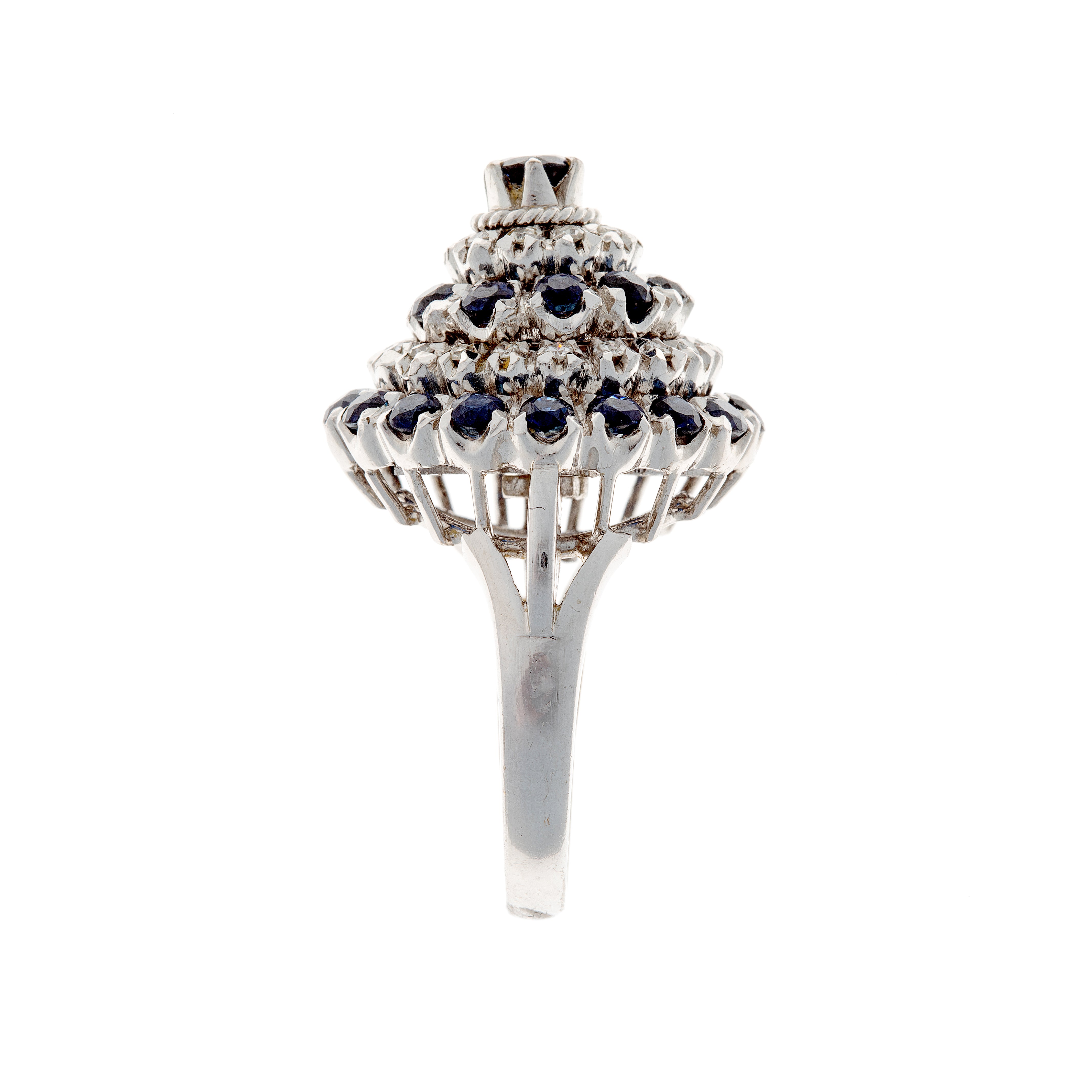 Side view of contemporary sapphire and diamond white gold ring with structured gallery.