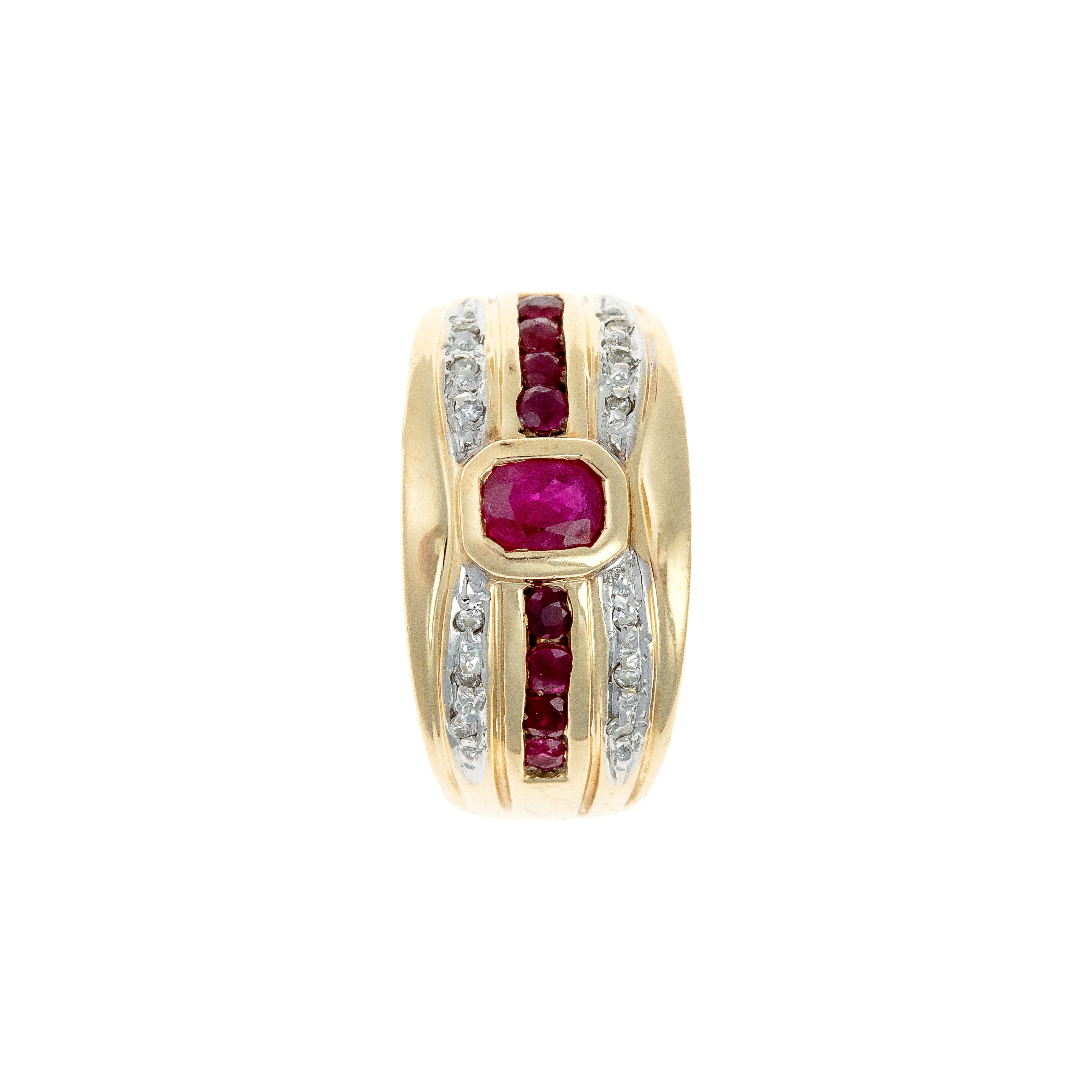 1980s contemporary vintage 9K gold cocktail ring with rubies and diamonds.