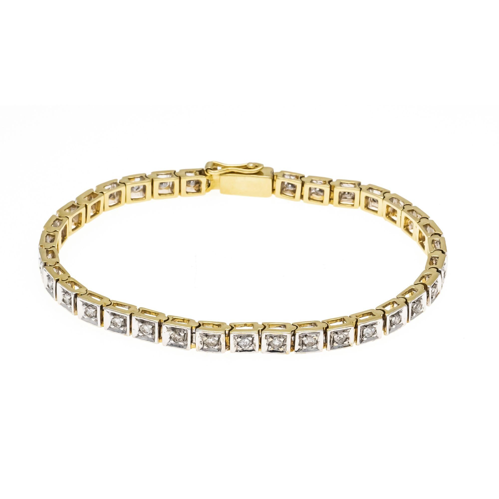 Contemporary vintage gold tennis bracelet with brilliant-cut diamonds.