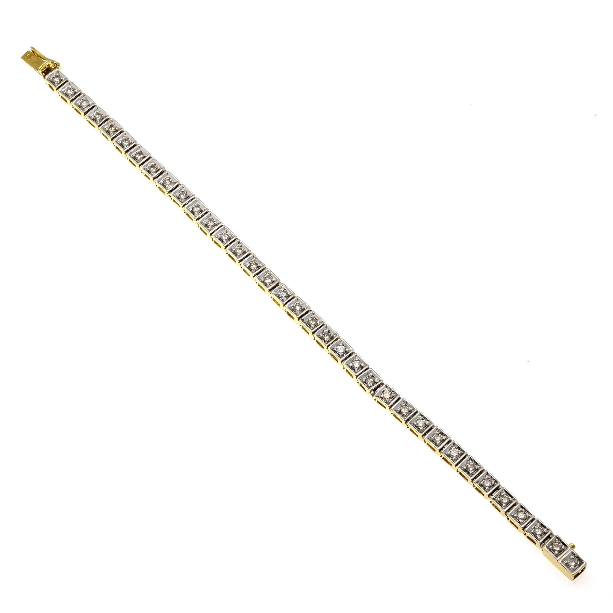 Full length view of contemporary vintage gold tennis bracelet with brilliant-cut diamonds.