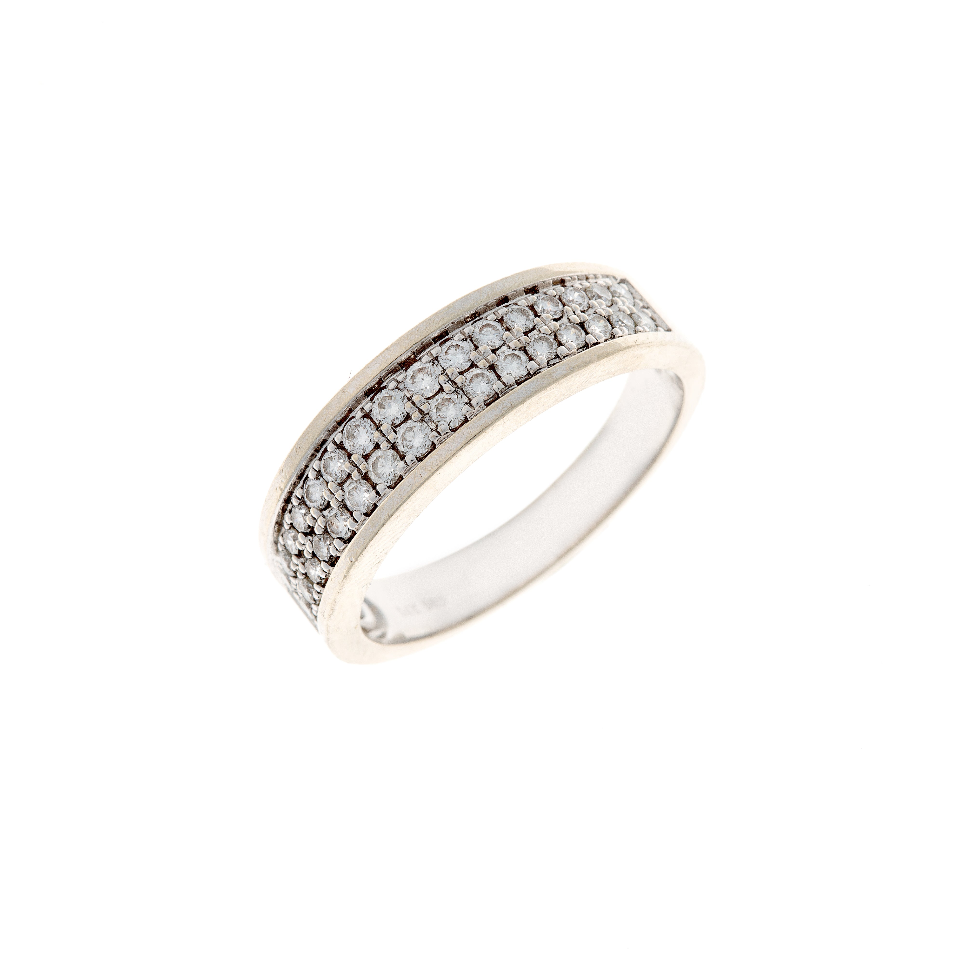 Angled view of the diamond band ring, emphasizing its pavé setting and smooth white gold finish.