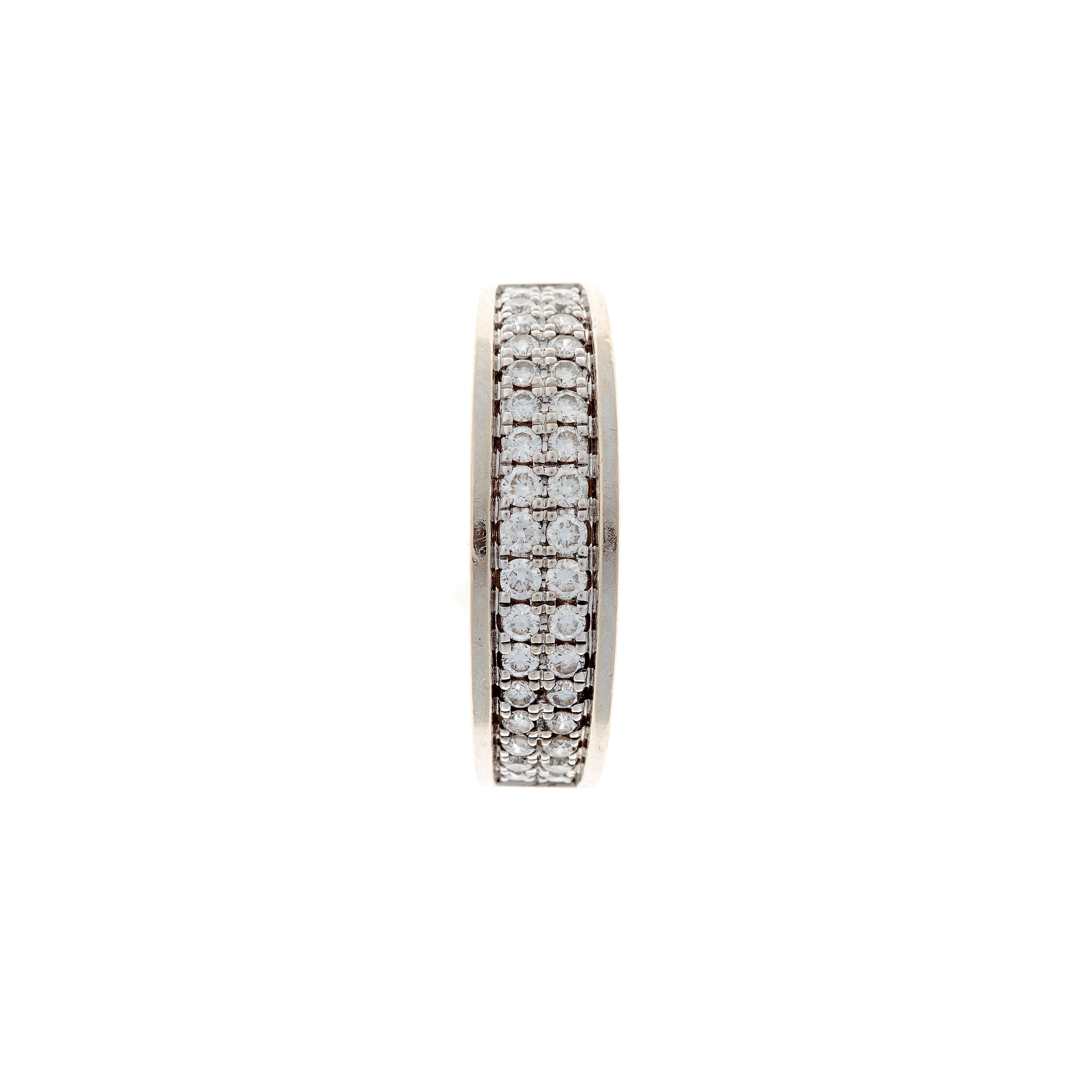 Top-down look at the contemporary ring, showcasing the precise rows of diamonds.