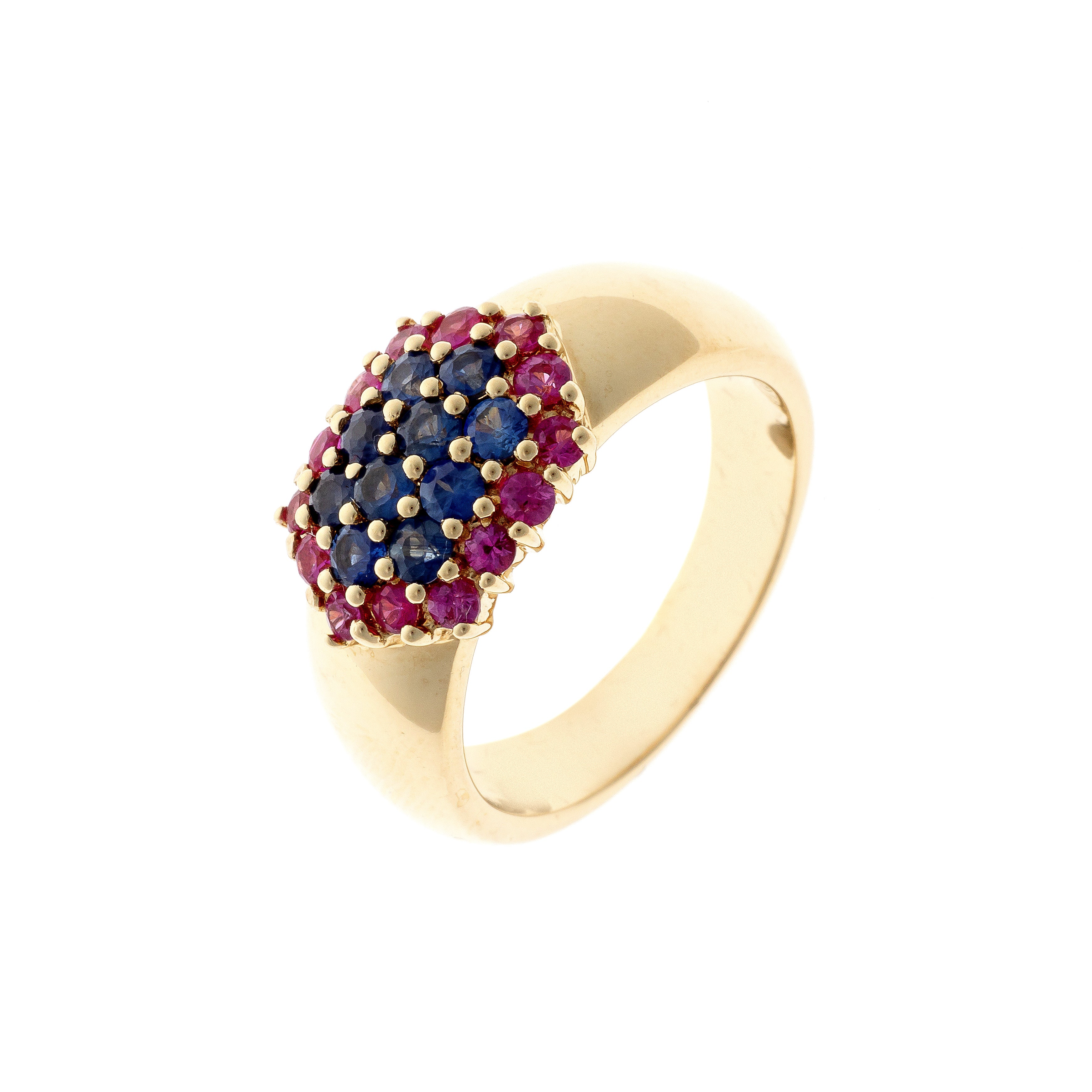 Contemporary vintage gold cocktail ring with sapphire and ruby cluster.