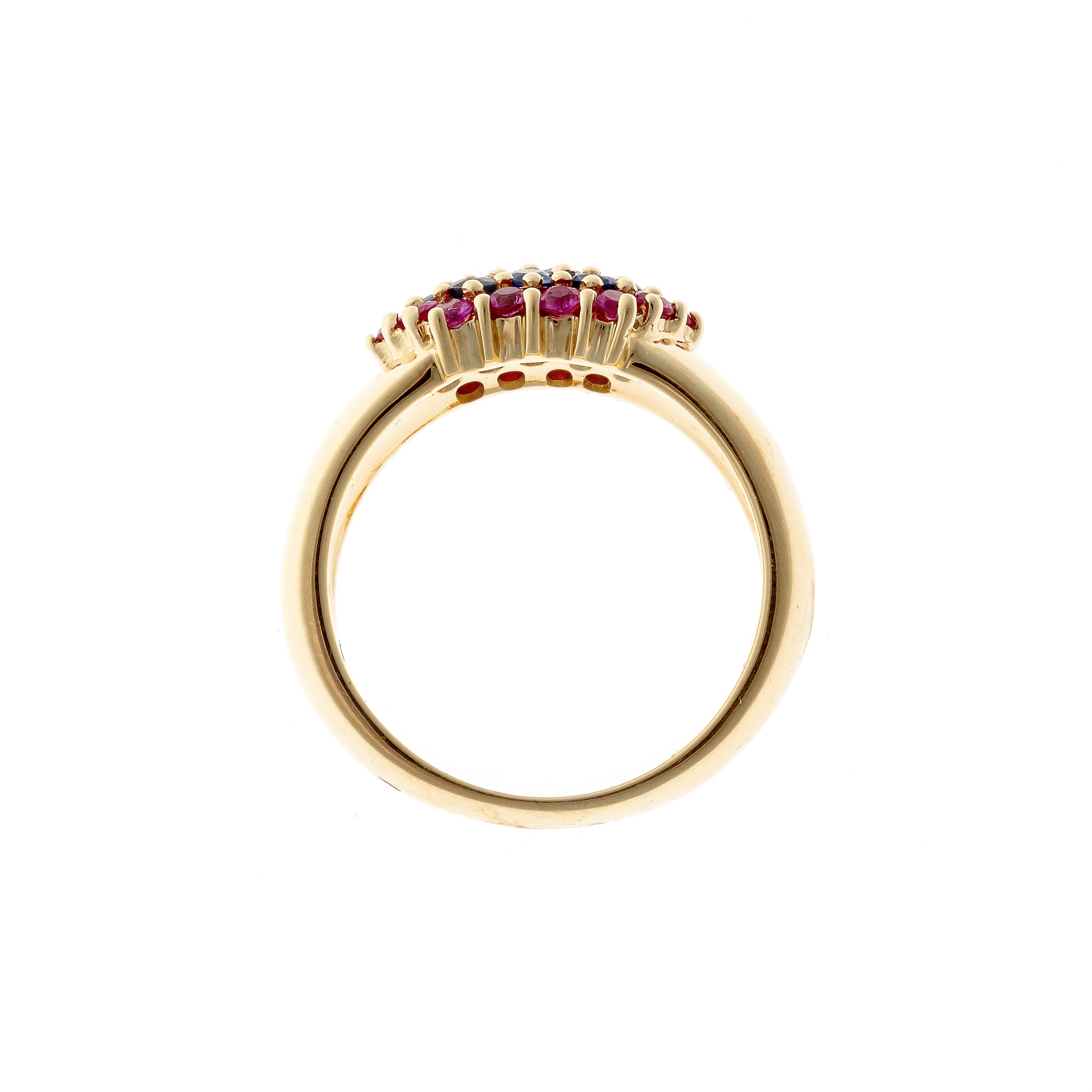 Profile view of the vintage cluster gold ring with sapphires and rubies.