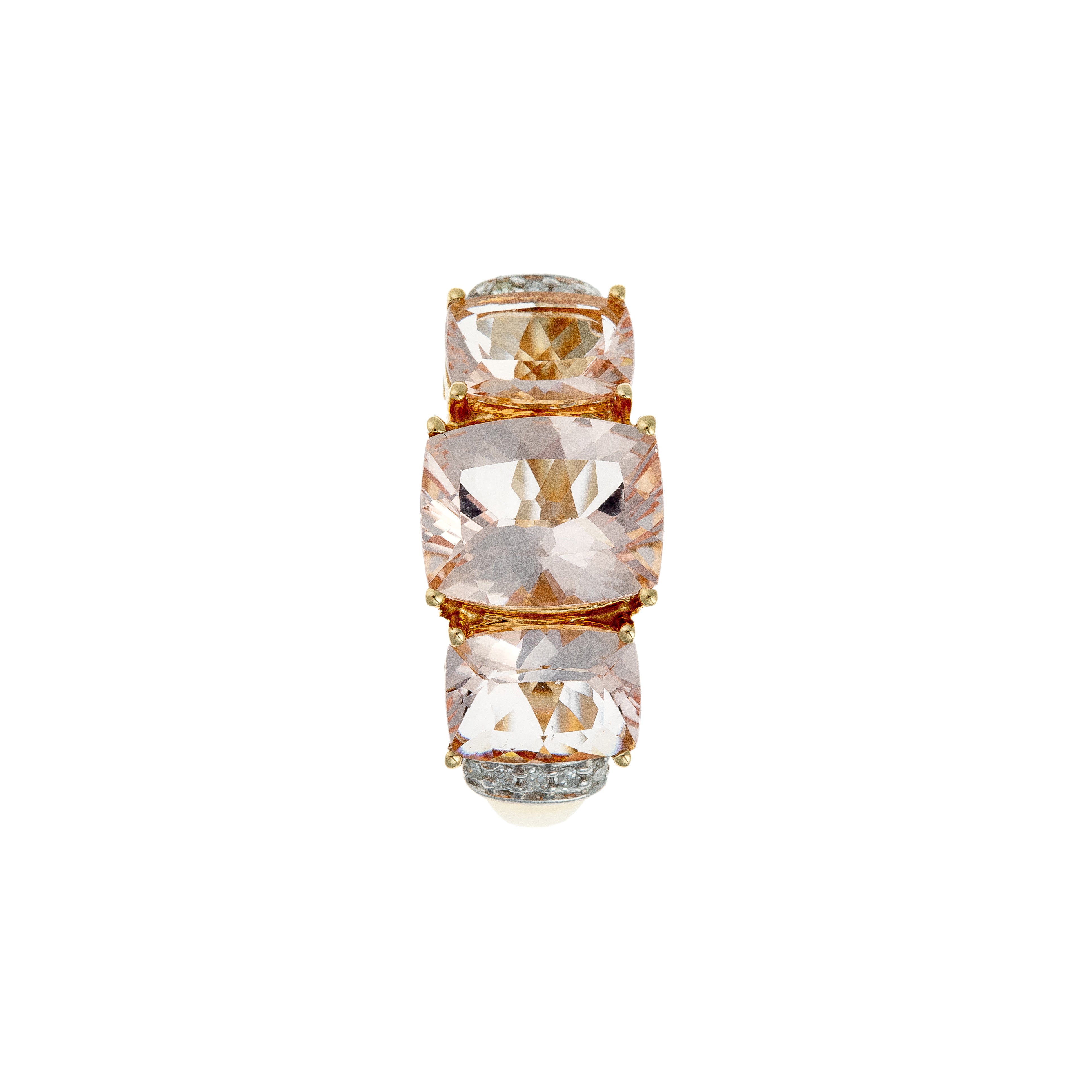 Top view of contemporary vintage French 14K gold cocktail ring showcasing three morganites and diamond accents.