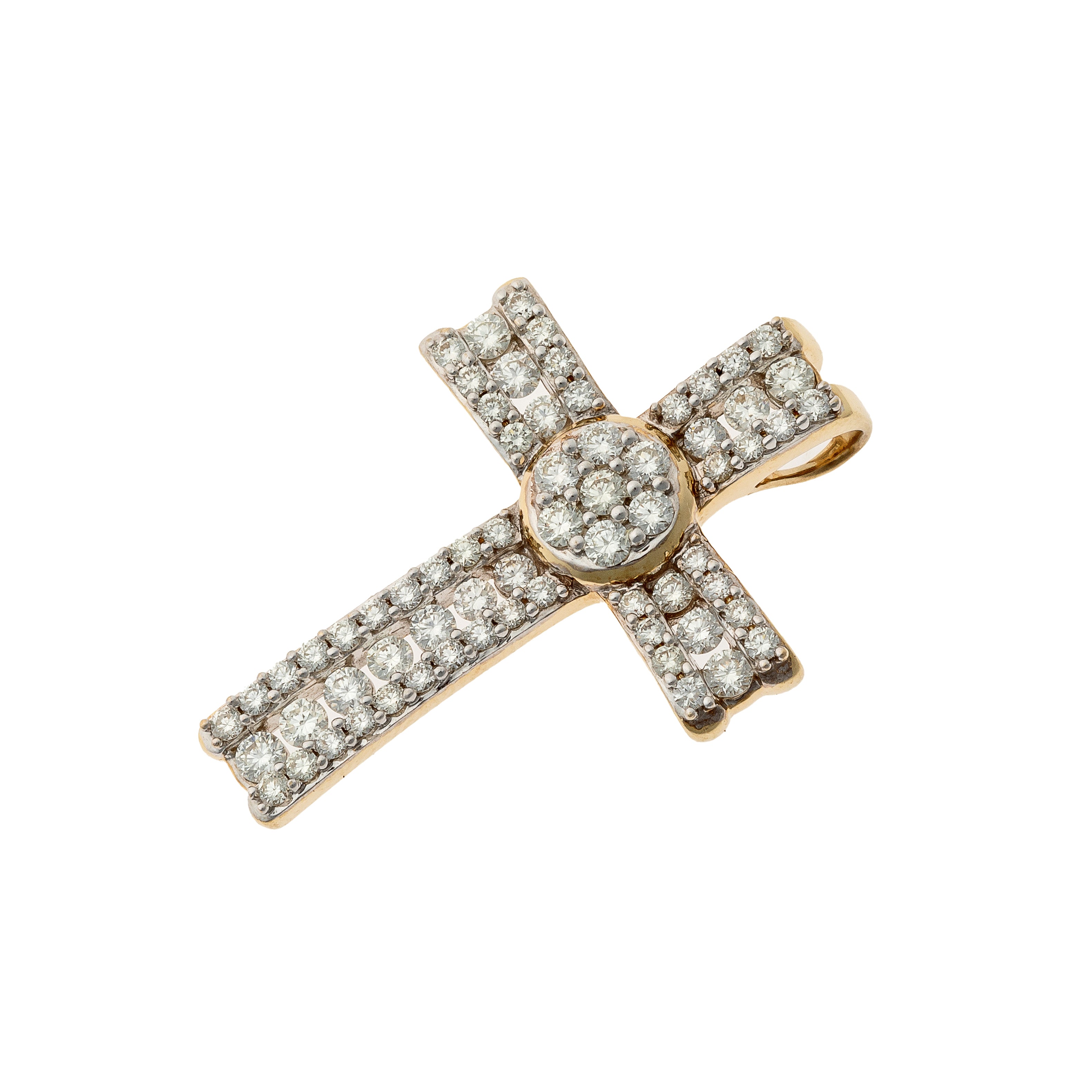 Angled view of the contemporary vintage diamond pavé gold cross pendant.