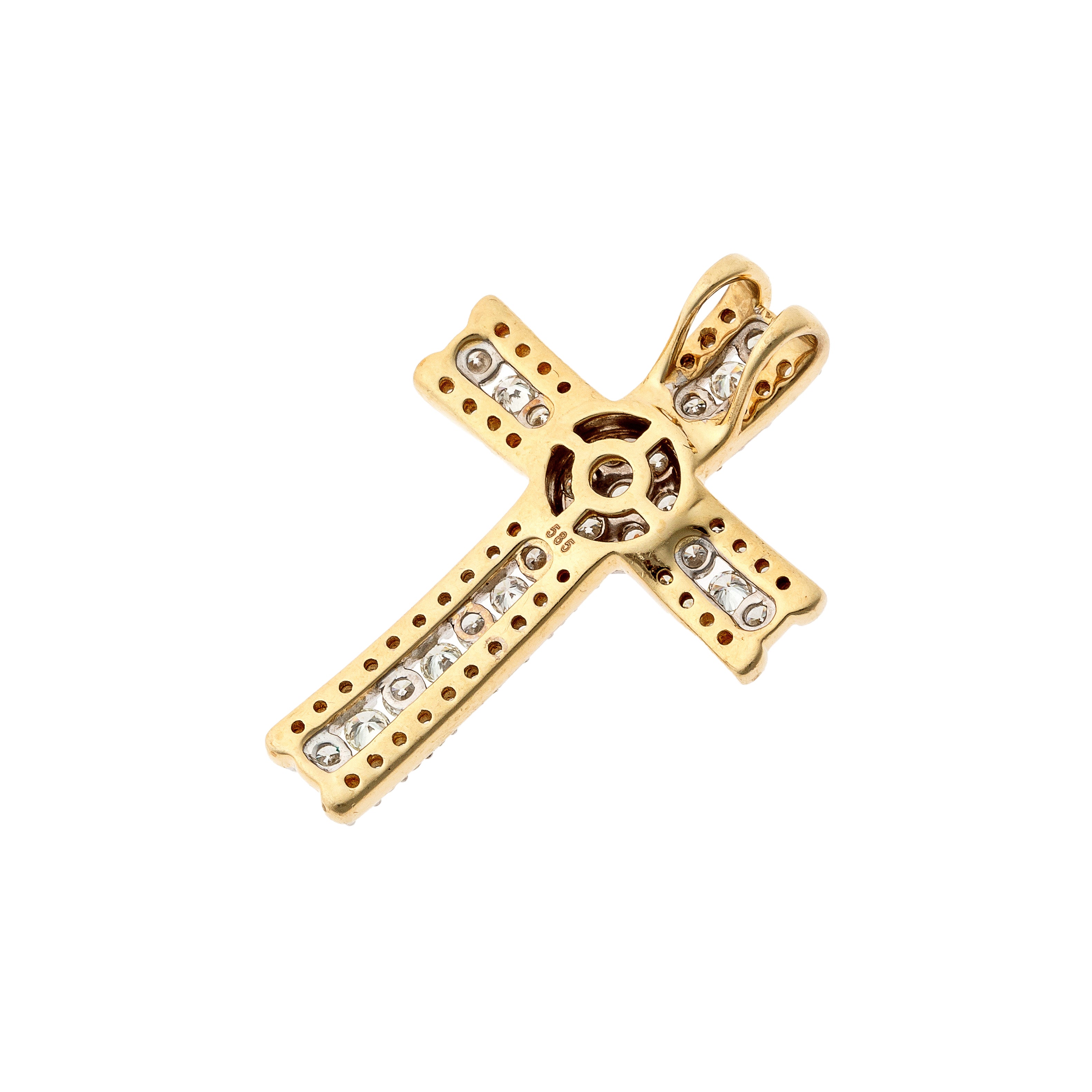 Angled view of the back of the contemporary vintage diamond pavé gold cross pendant.