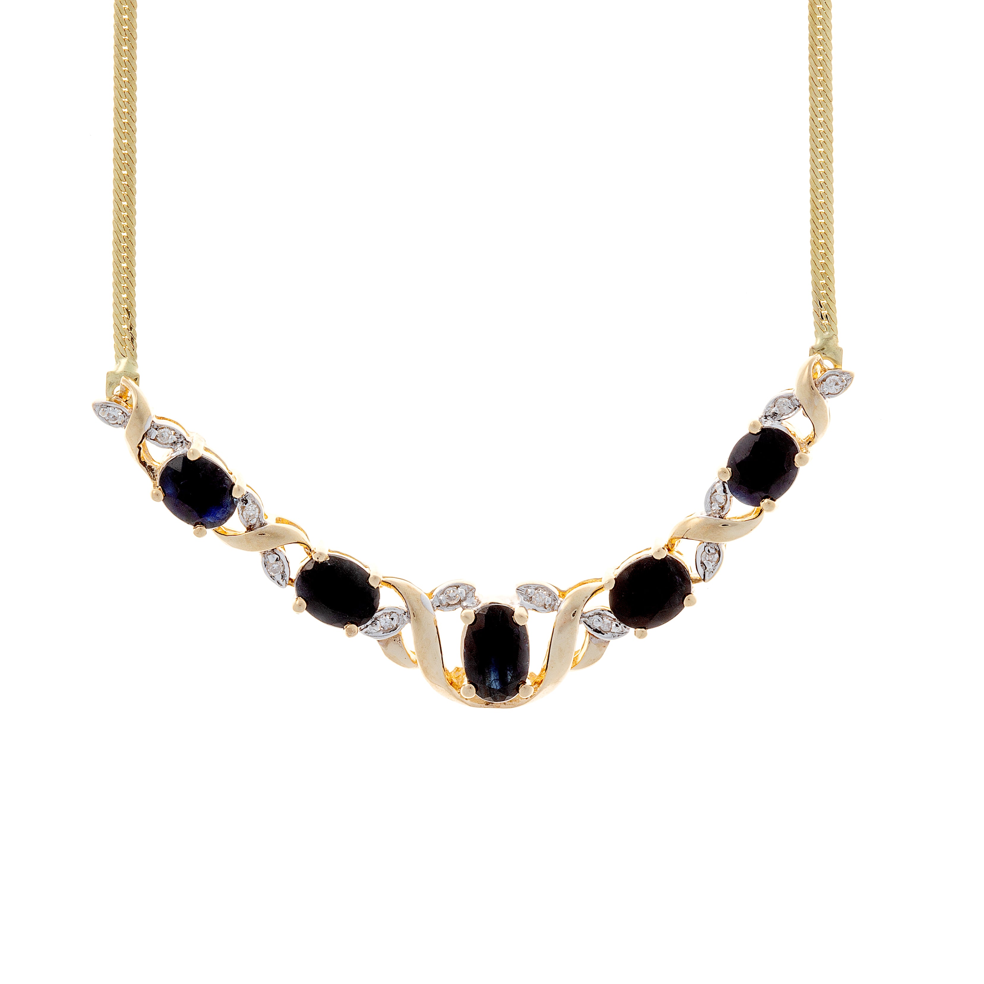 Vintage contemporary gold necklace featuring five oval-cut sapphires framed by diamond halos on a fine gold chain.
