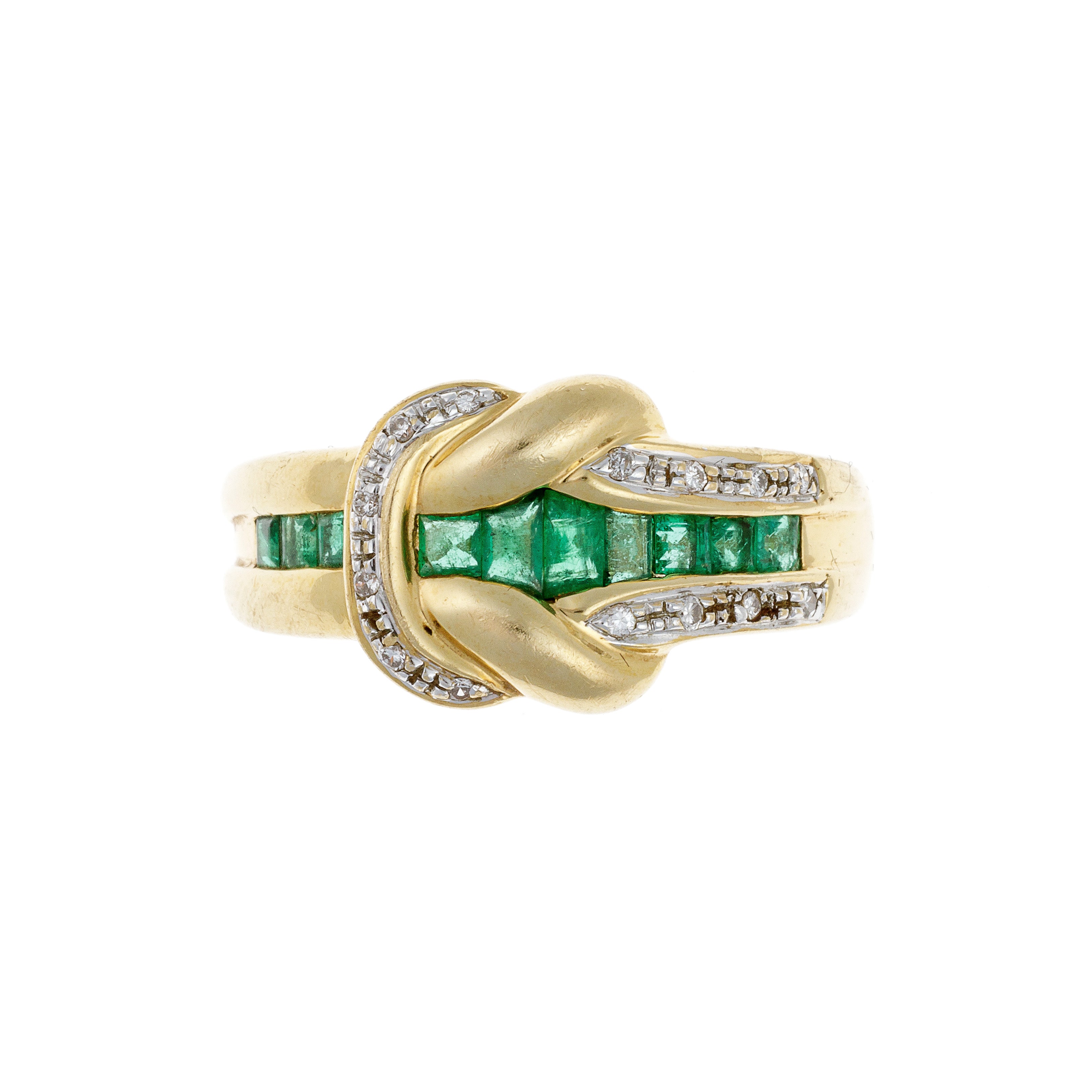 Contemporary vintage gold cocktail ring with diamonds and emeralds.