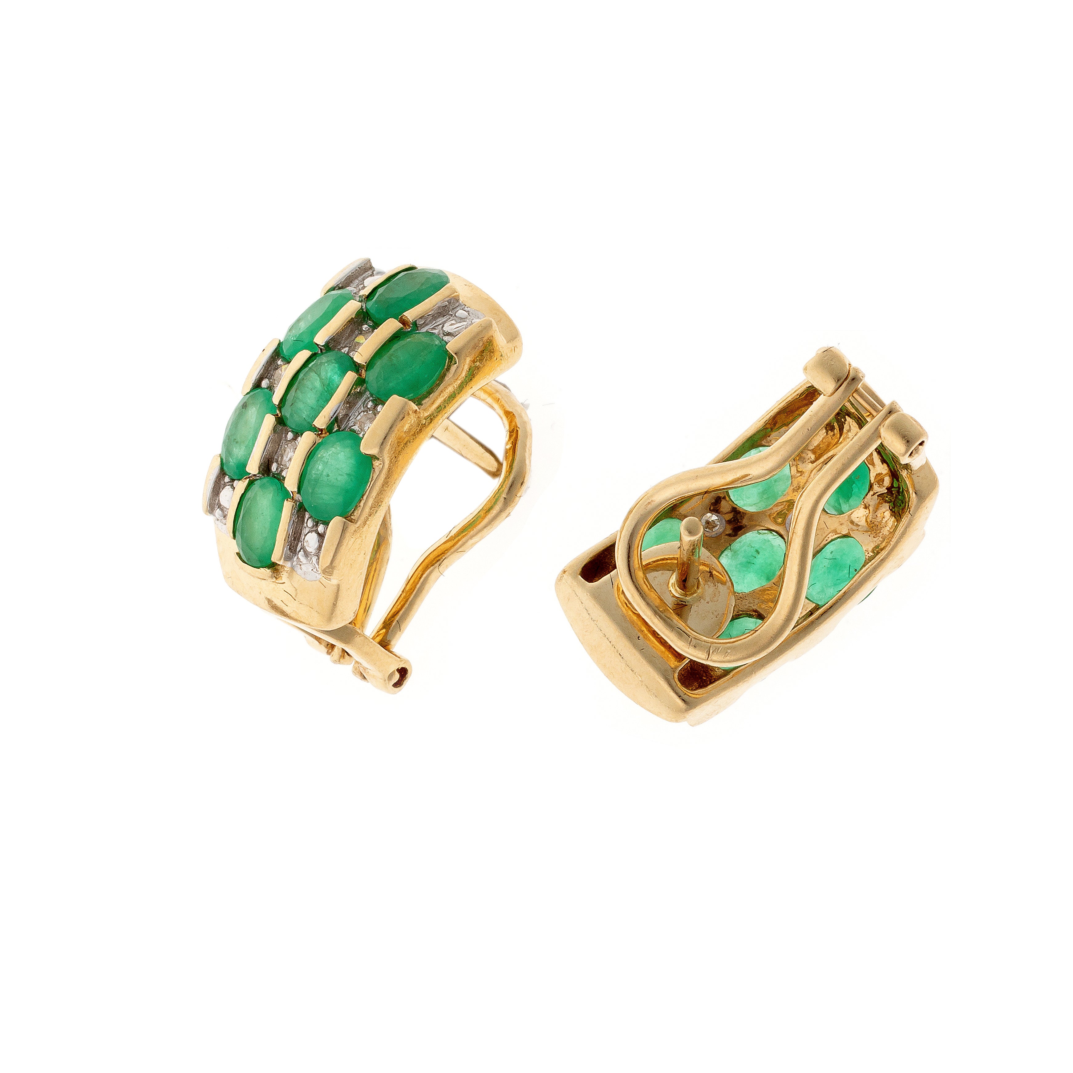 Back of the contemporary vintage gold emerald and diamond panel earrings.