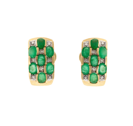 Pair of contemporary vintage gold emerald and diamond panel earrings.