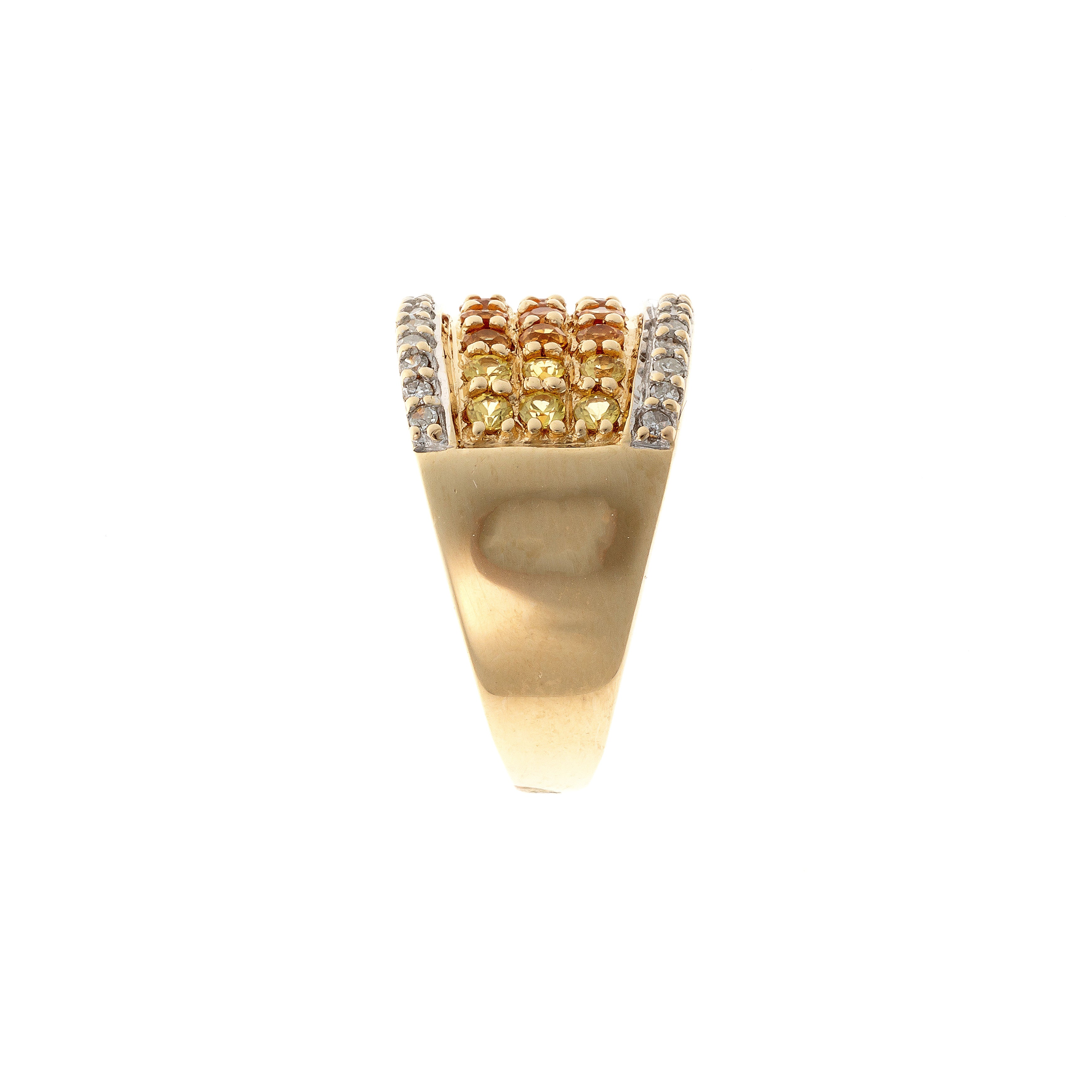 Side of the contemporary vintage gold cocktail ring with ombré yellow sapphires and diamonds.