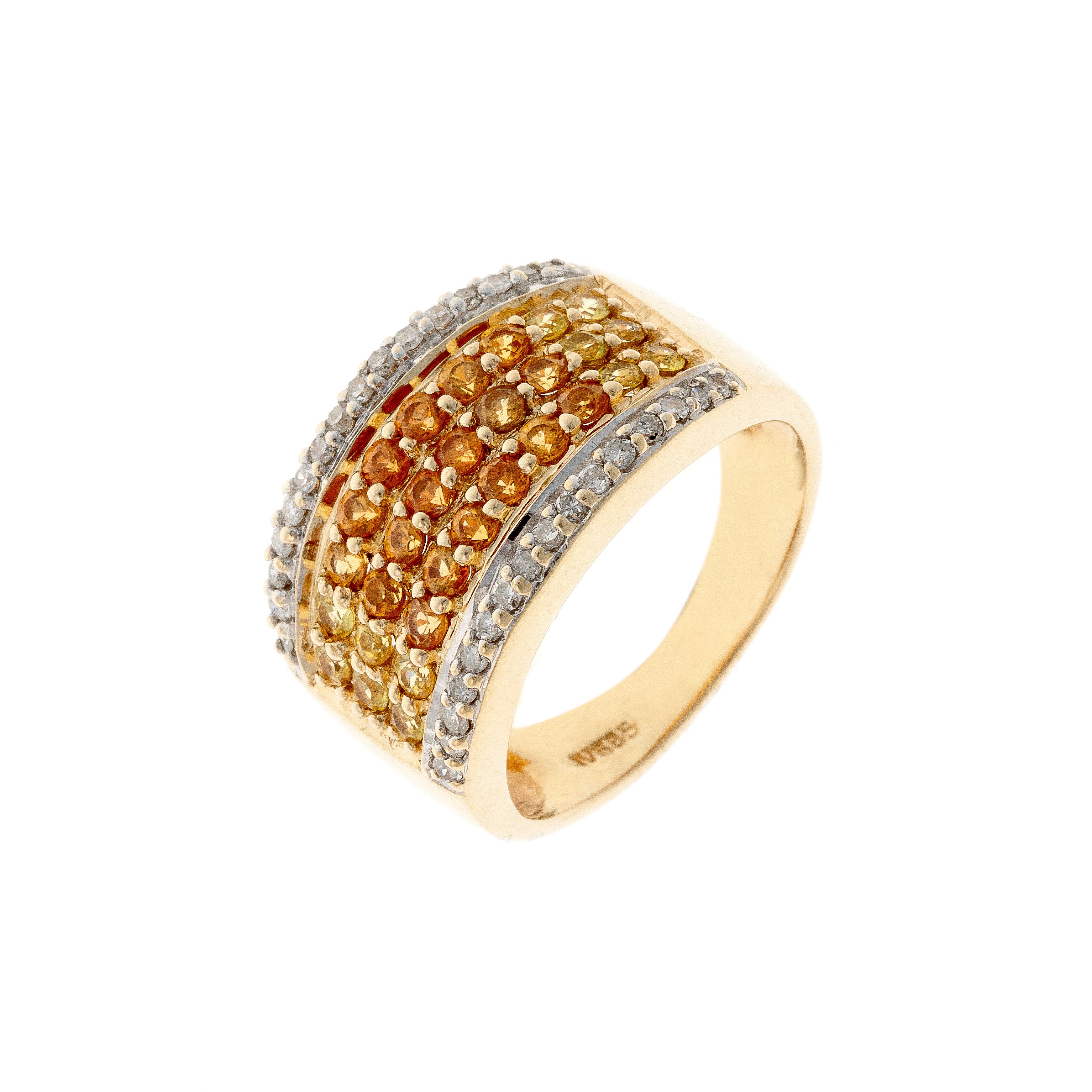 Contemporary vintage gold cocktail ring with ombré yellow sapphires and diamonds.