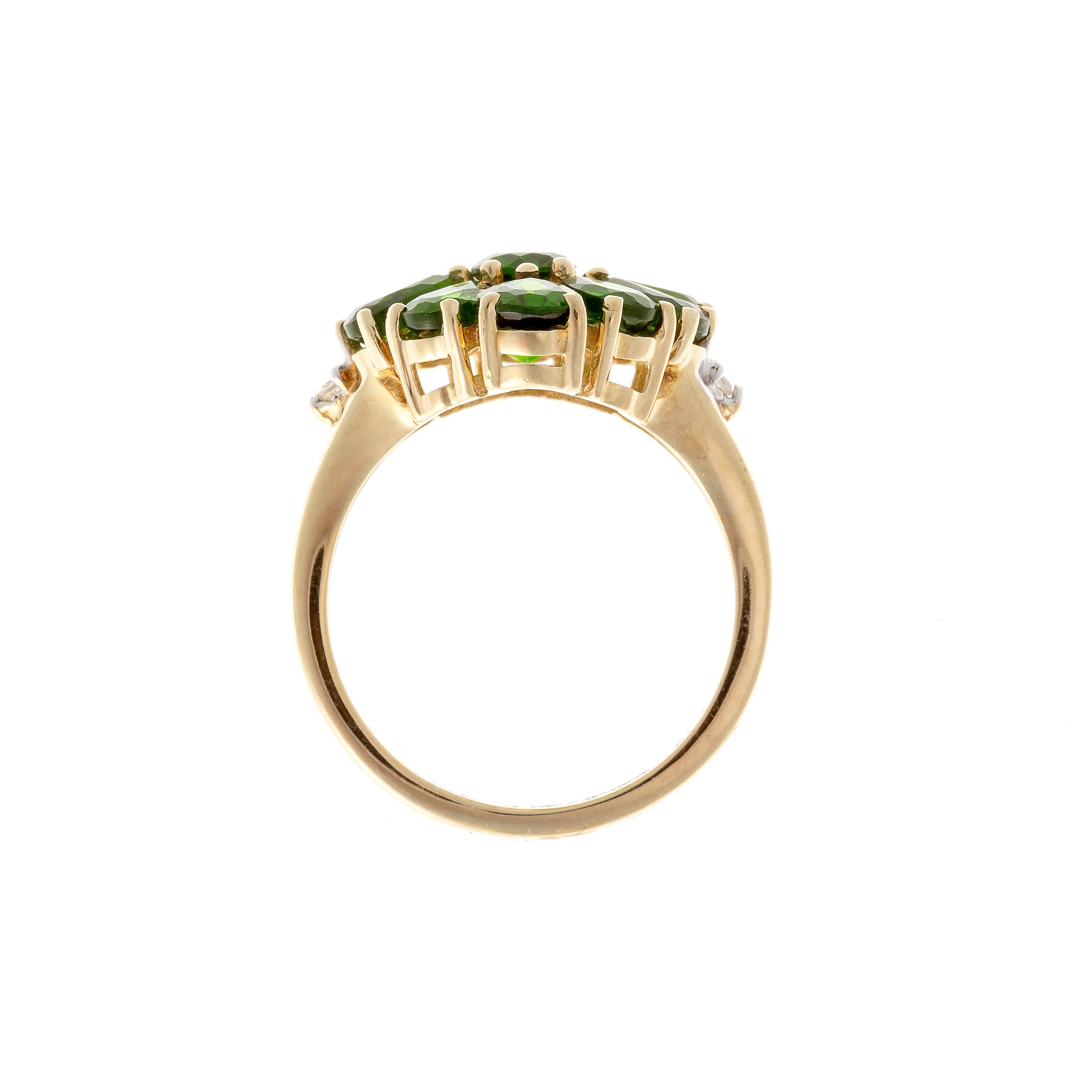 Profile of the vintage Harry Ivens gold cocktail ring with vivid green chromdiopsides.