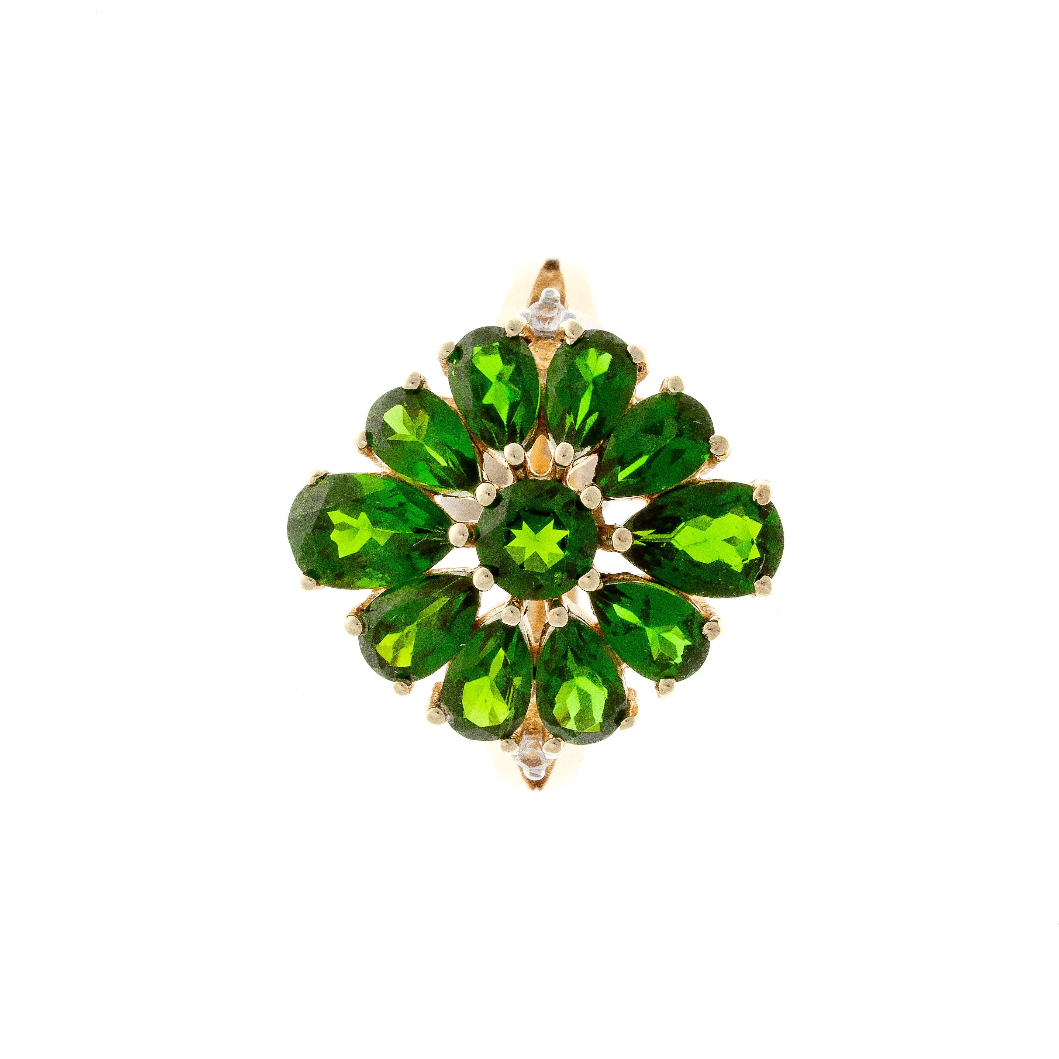 Top view of the Harry Ivens gold cocktail ring with vivid green chromdiopsides and saphire accents.