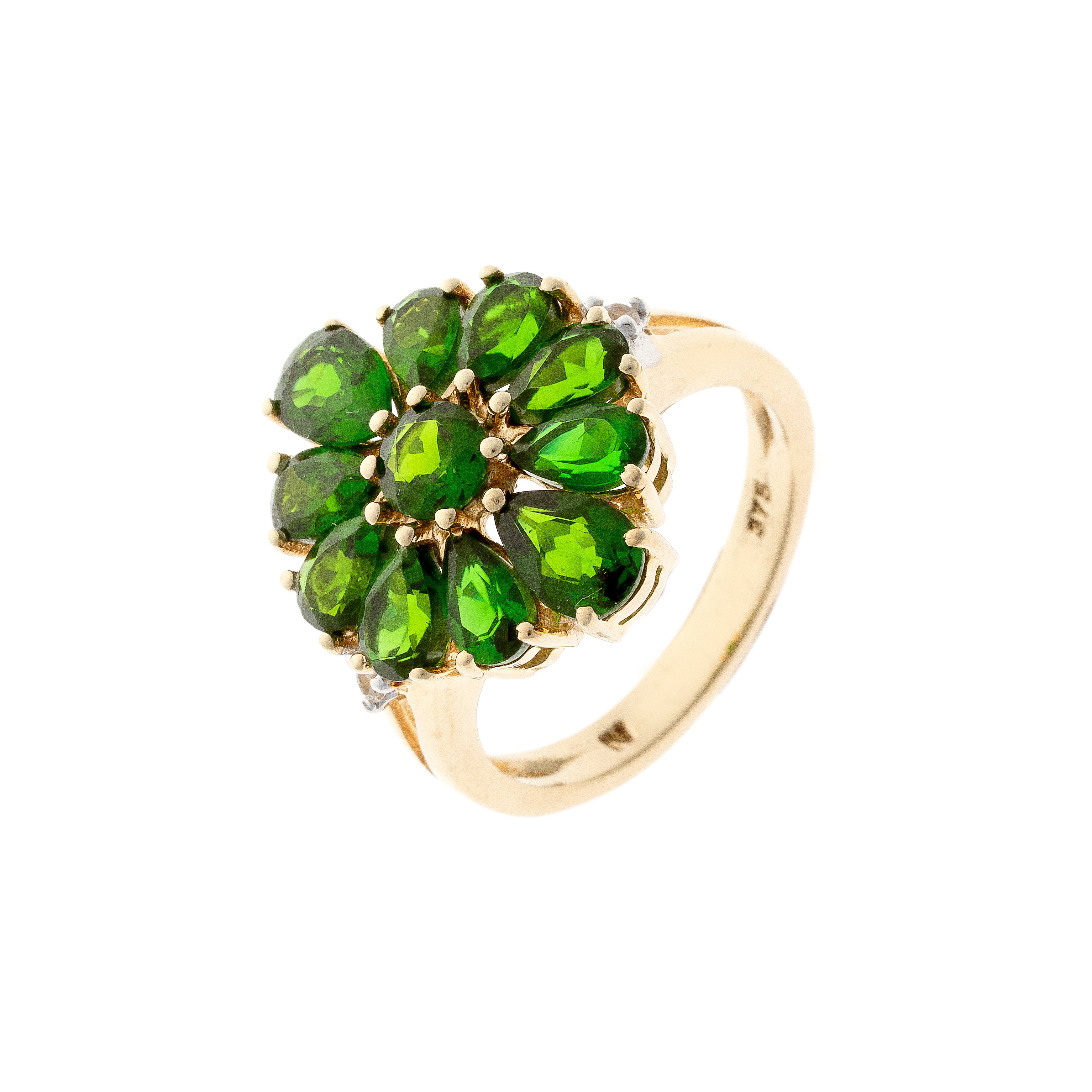 Contemporary vintage Harry Ivens gold cocktail ring with vivid green chromdiopsides.