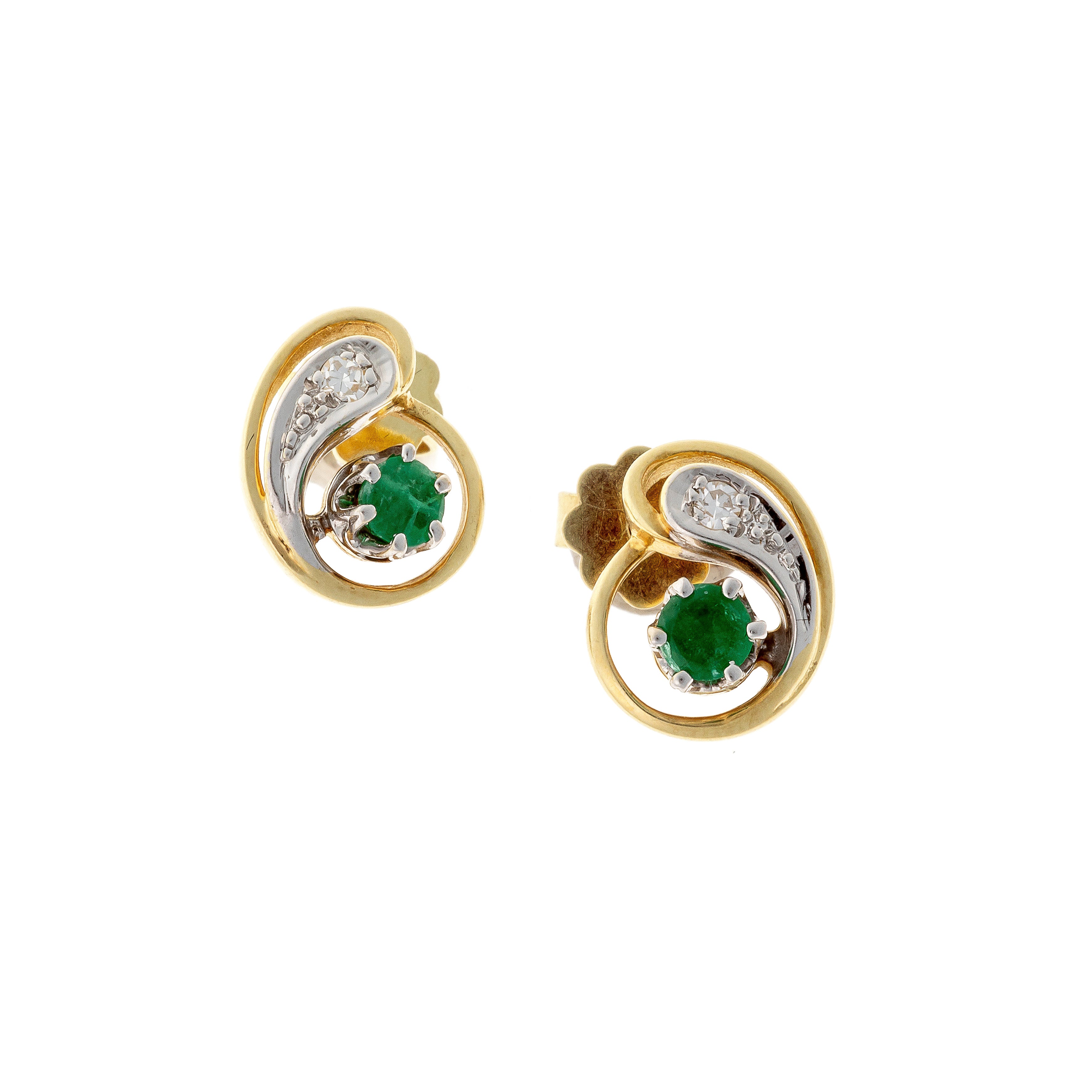 Pair of contemporary vintage two-tone gold emerald and diamond swirl stud earrings.