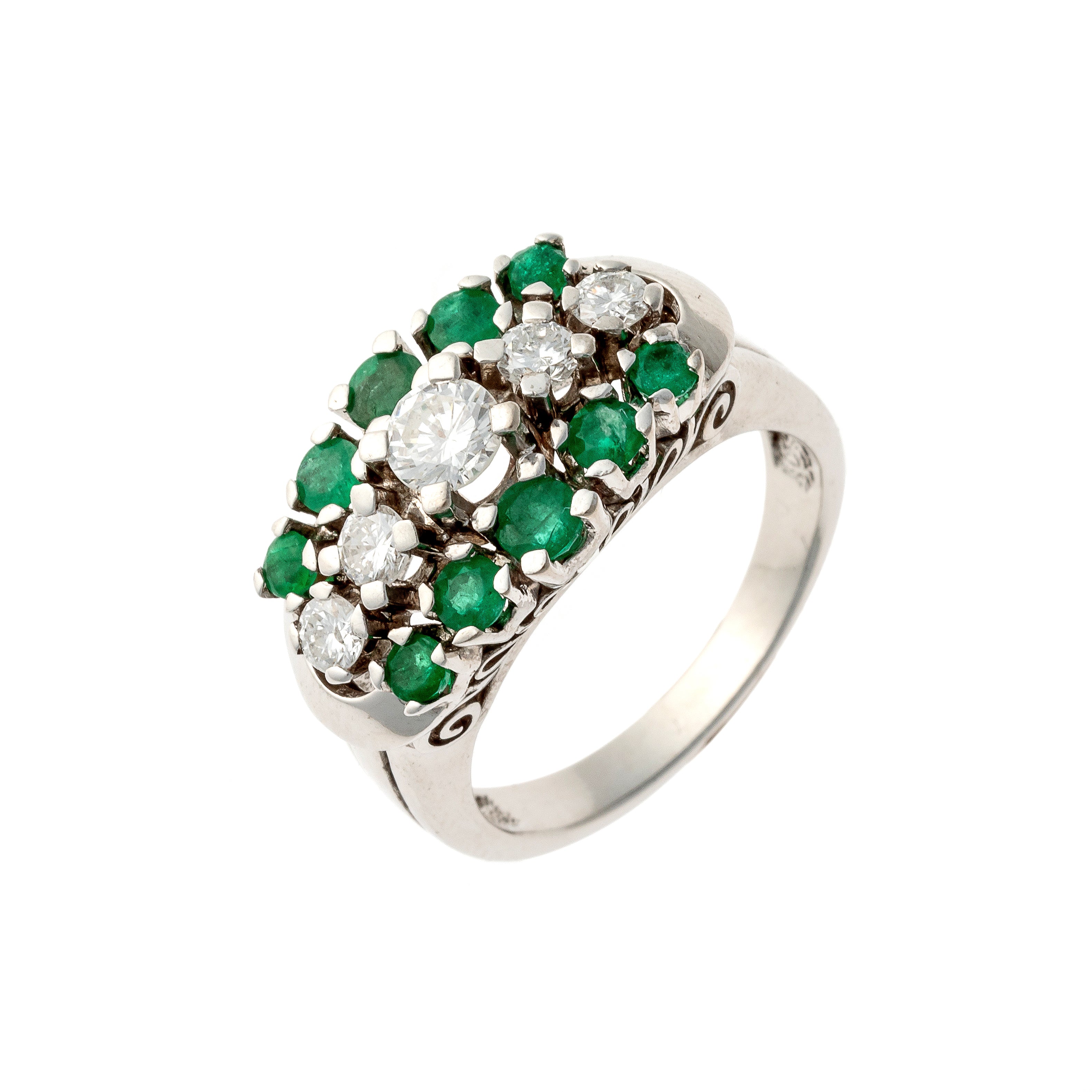 Contemporary vintage white gold emerald and diamond cocktail ring.