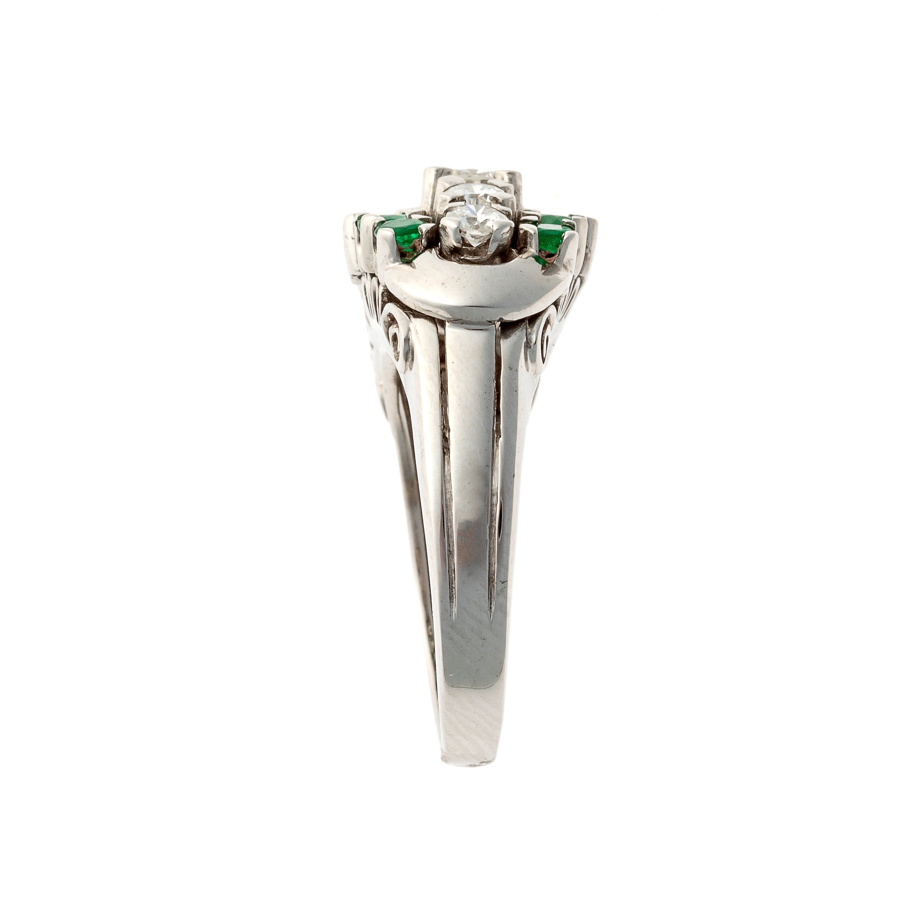 Side of the vintage white gold emerald and diamond cocktail ring.