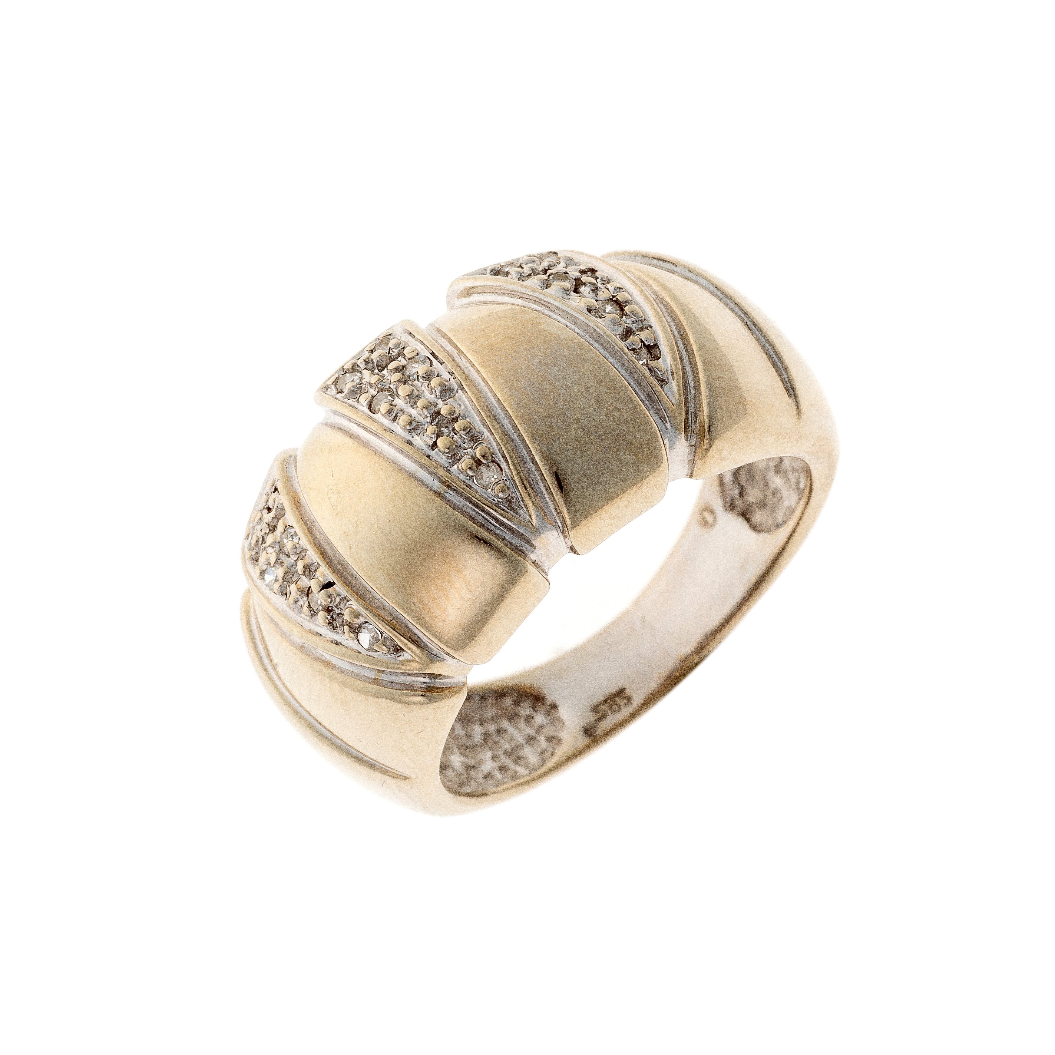 Contemporary vintage white gold ribbed dome diamond band ring.