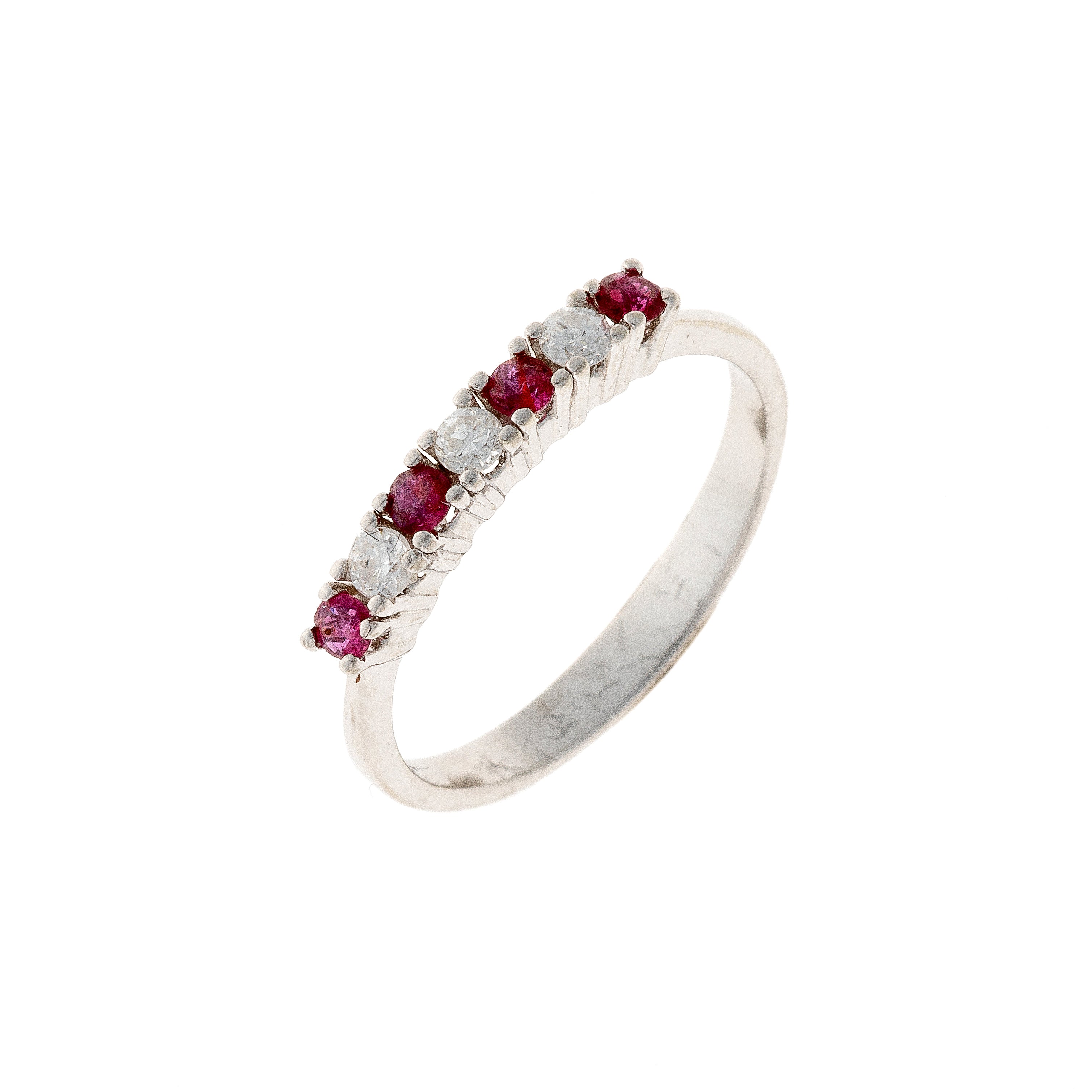 Contemporary vintage white gold ruby and diamond band ring.