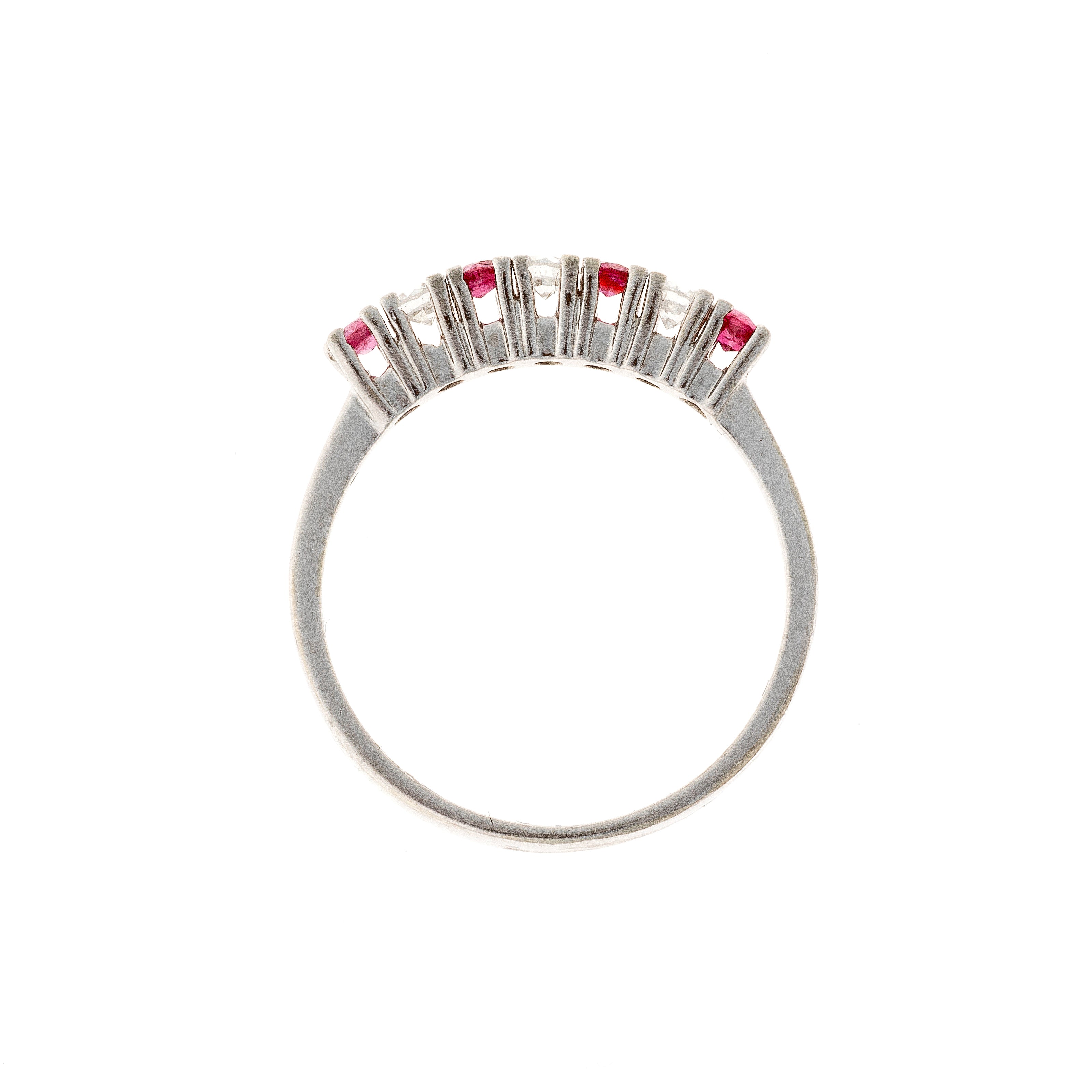Profile of the contemporary vintage white gold ruby and diamond band ring.
