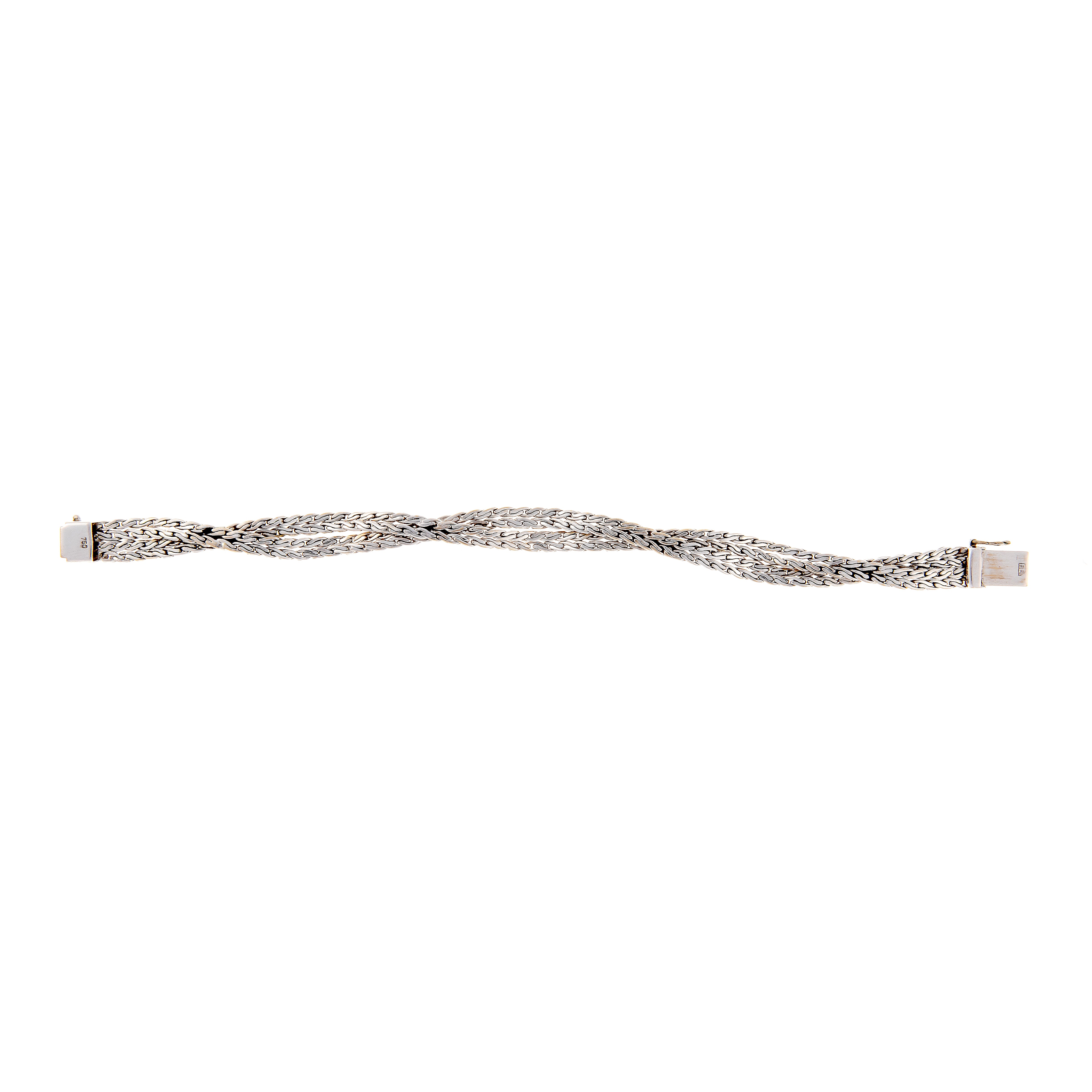 Back side of the retro revival vintage white gold bracelet with woven design and round sapphires.