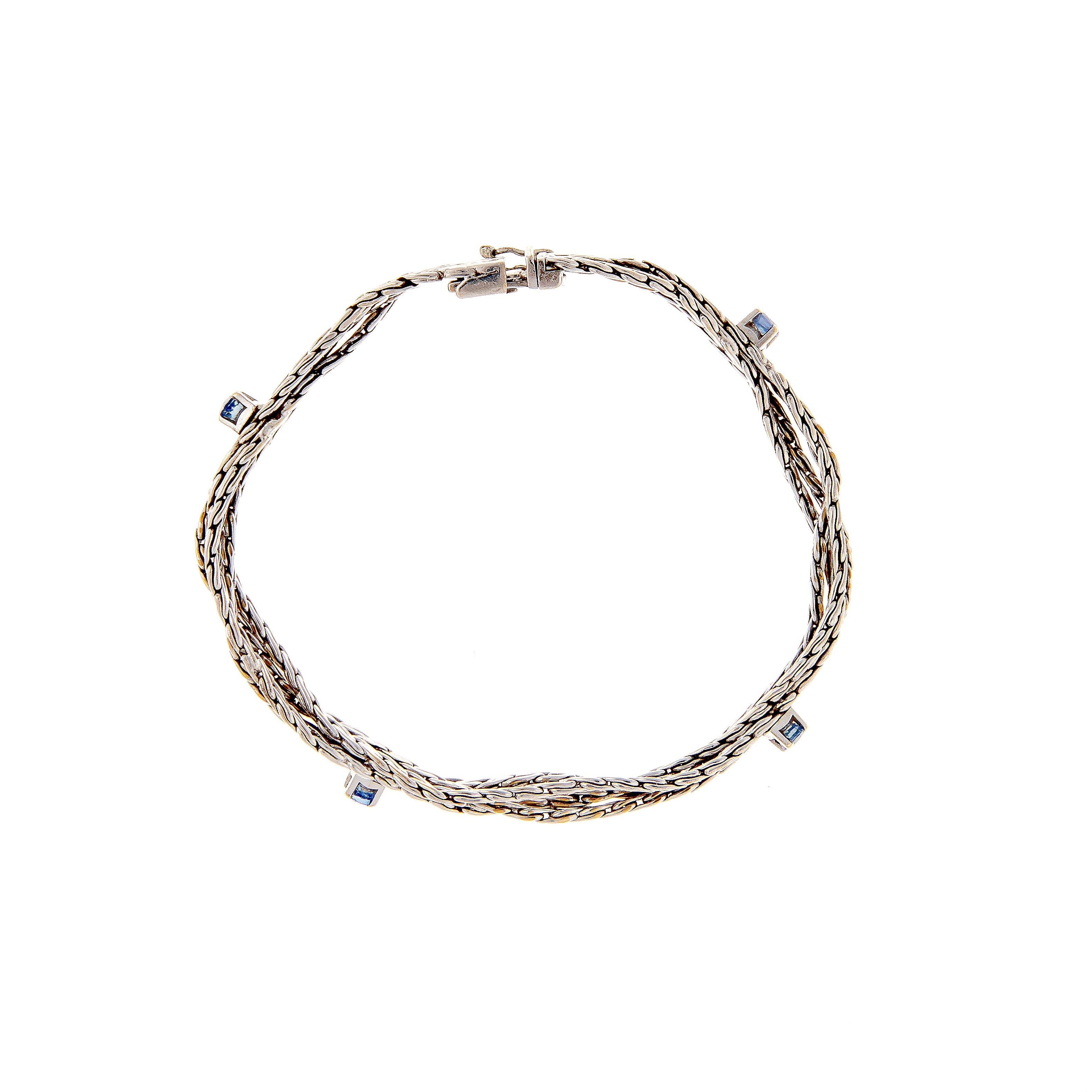 1970s Retro revival vintage white gold bracelet with woven design and round sapphires.