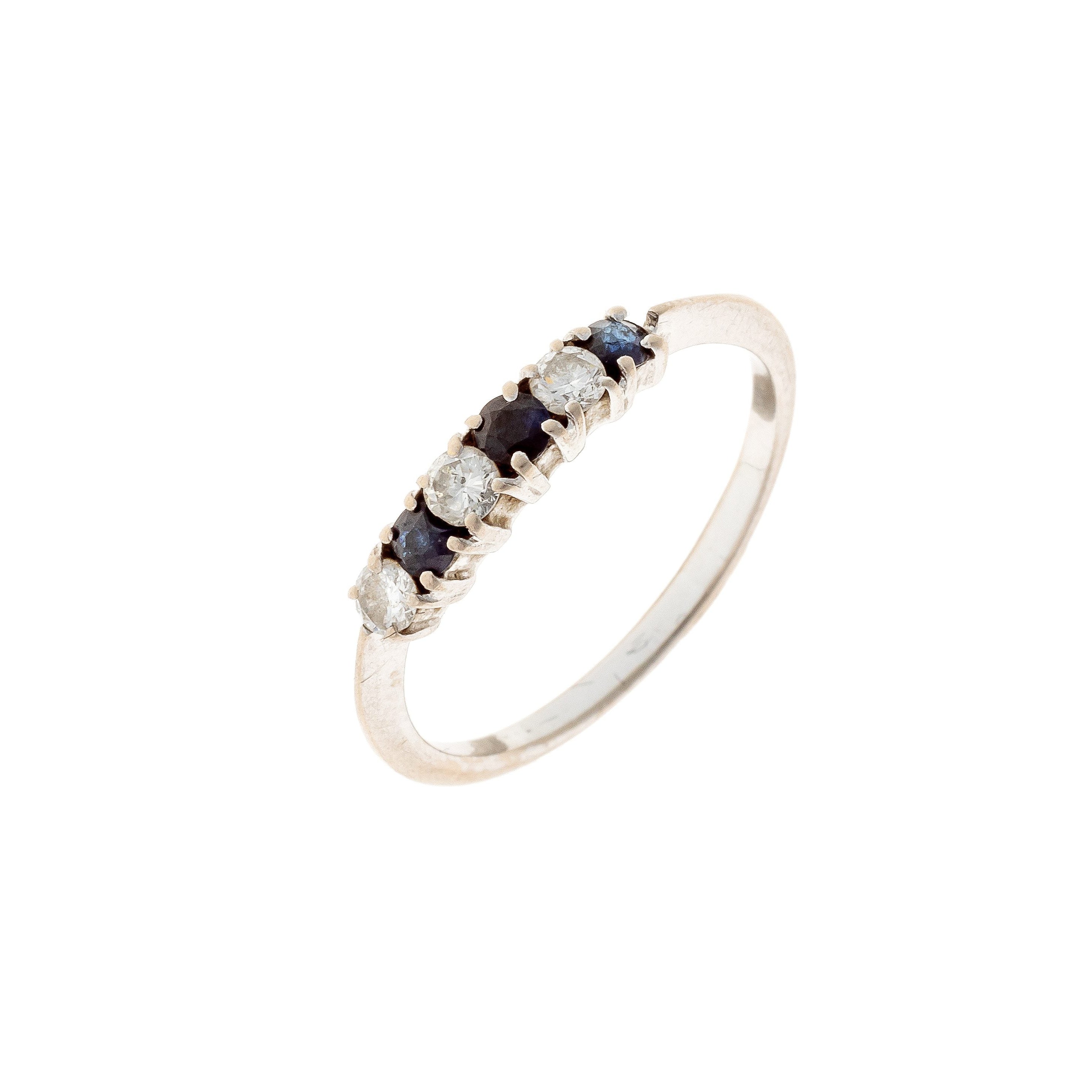 Contemporary vintage white gold sapphire and diamond band ring.